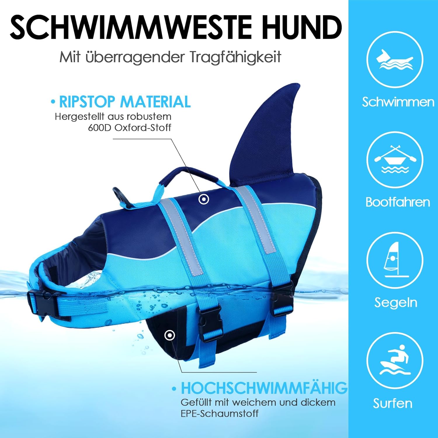 Thumbnail 4 de AOFITEE Schwimmweste Hund Mittel „Hai“ – verstellbar, mit Tragegriff & reflektierend (M)