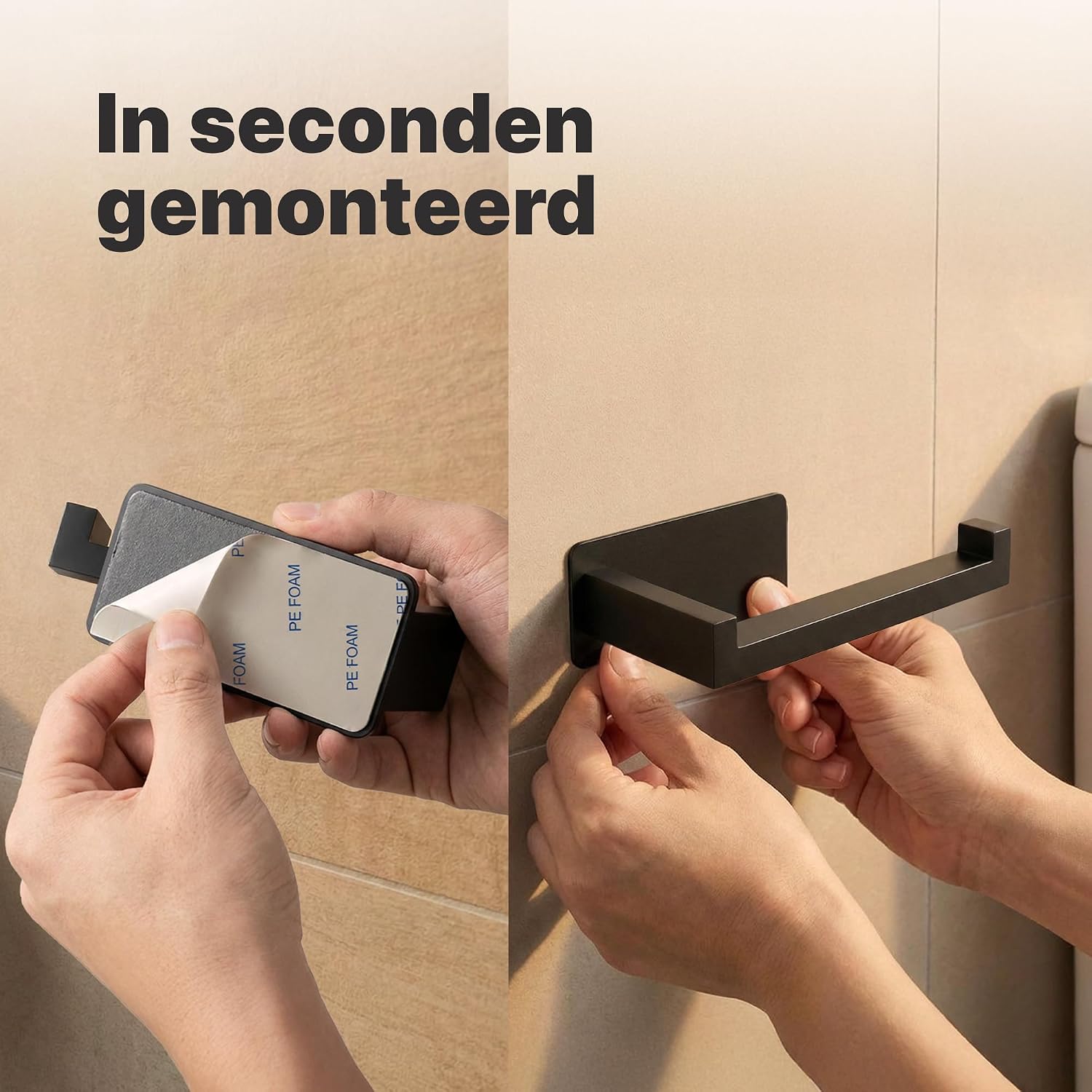 Detalle de Minismus zelfklevende toiletrolhouder van zwart mat roestvrij staal
