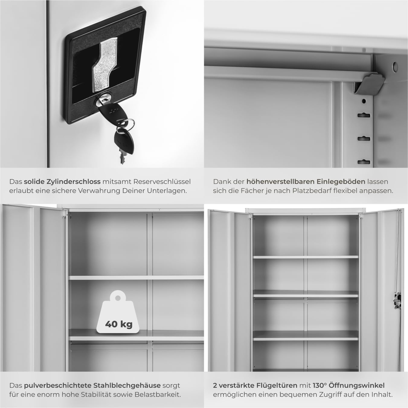 Thumbnail 6 de tectake® Aktenschrank abschließbar (180 x 90 x 40 cm) mit 2 Türen und 5 höhenverstellbaren Einlegeböden – grau