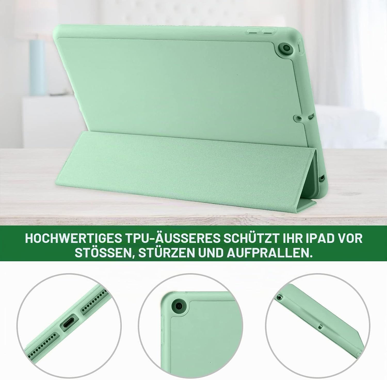 Detalle de Palkitsee Hülle für iPad 10,2 Zoll (9.8./7. Gen) Grün Matcha – mit Stifthalter und Standfunktion