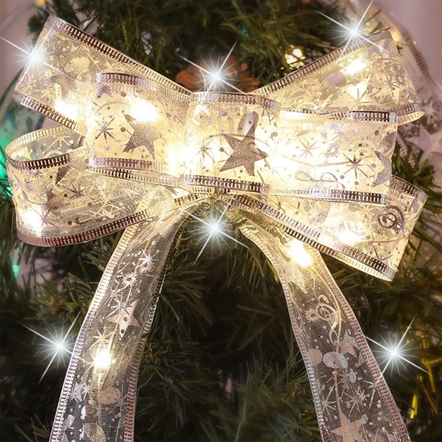 Detalle 2 de Fuanxo Christmas Tree Ribbon Fairy Lights, 6 m, Silver, 60 Warm-White LEDs