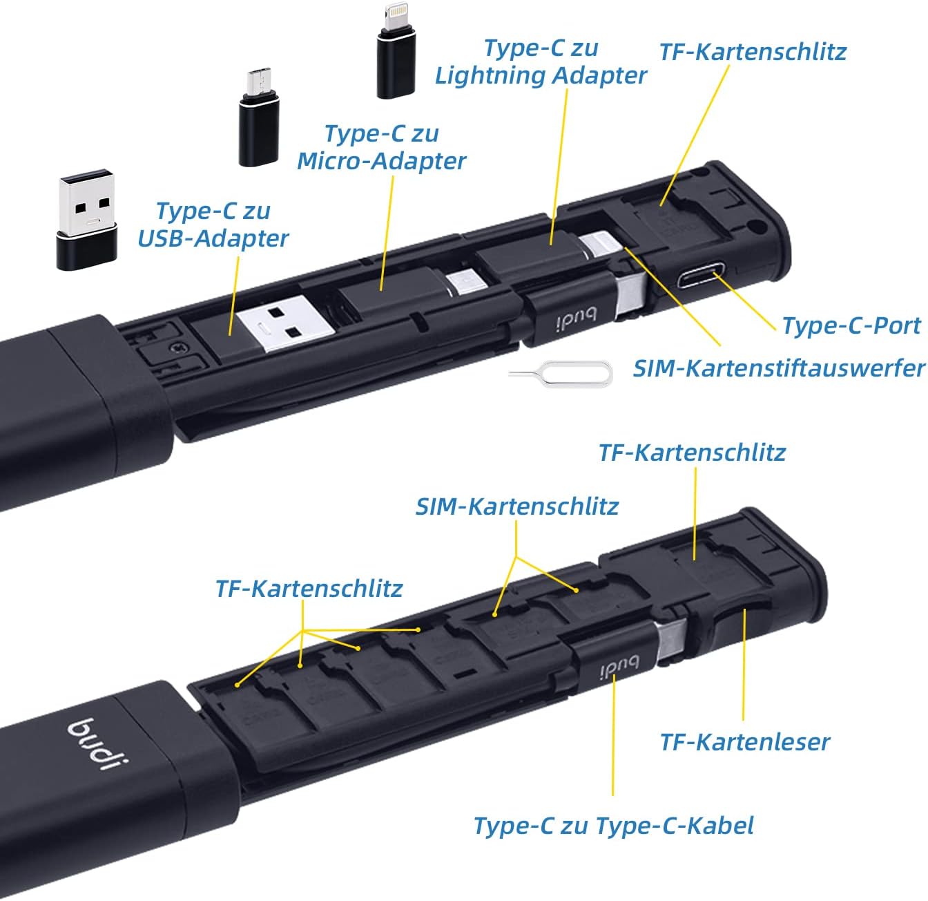 Detalle de Mcbazel Budi 9-in-1 Multi-Kabel- & Karten-Converter-Stick (USB, SD/TF, SIM) mit Typ-C-Adapter