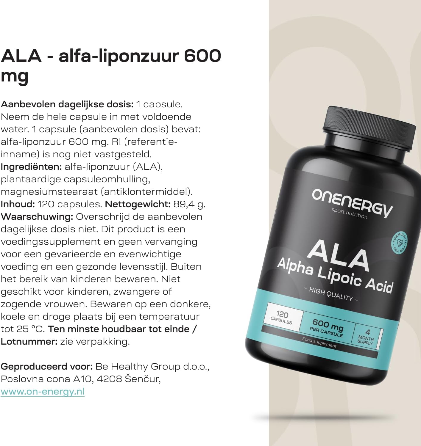 Detalle de ONENERGY ALA alfa-liponzuur 600 mg, 120 plantaardige capsules