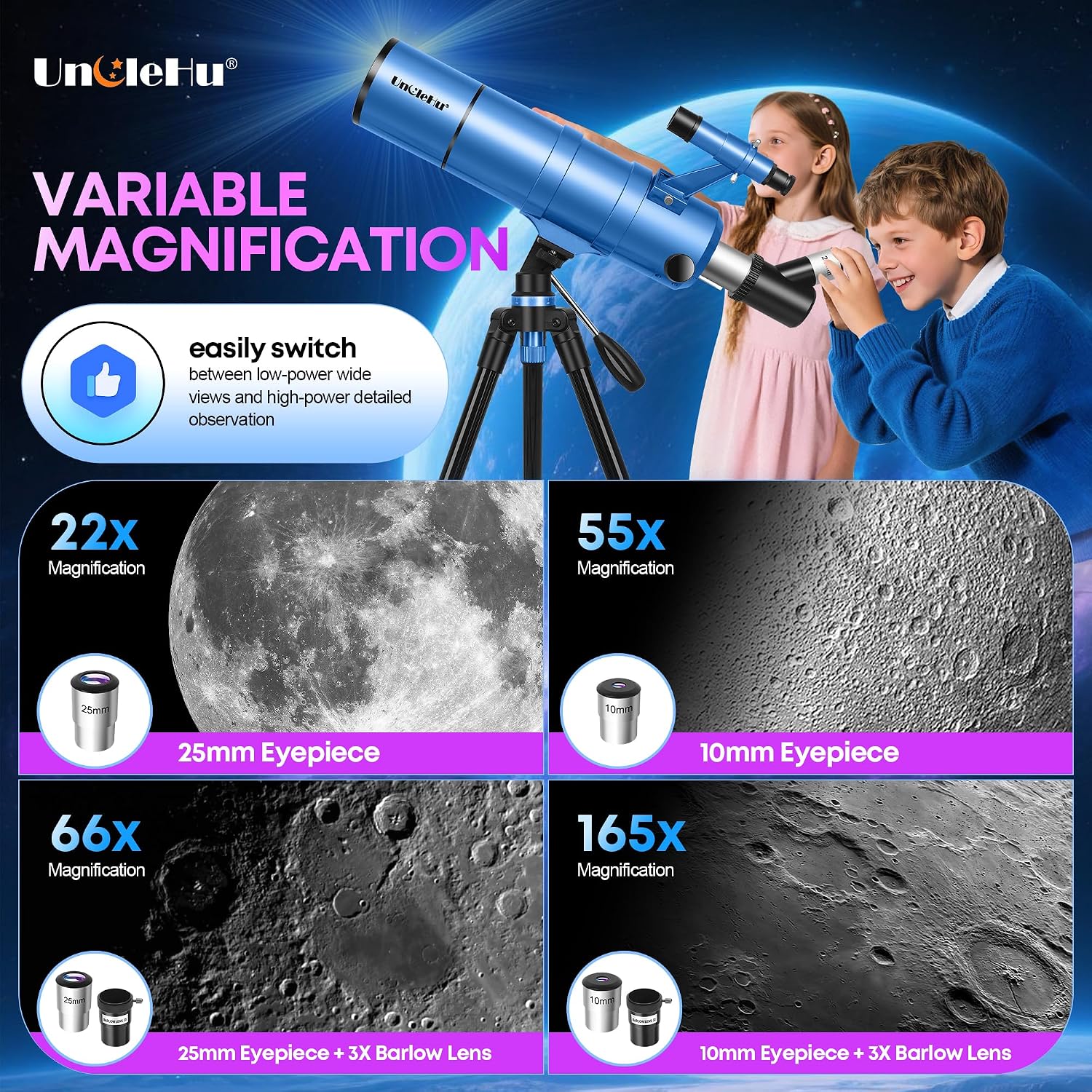 Detalle de UncleHu Telescopio astronomico 90/550 mm con sgabello pieghevole, treppiede e adattatore smartphone, 22X-165X