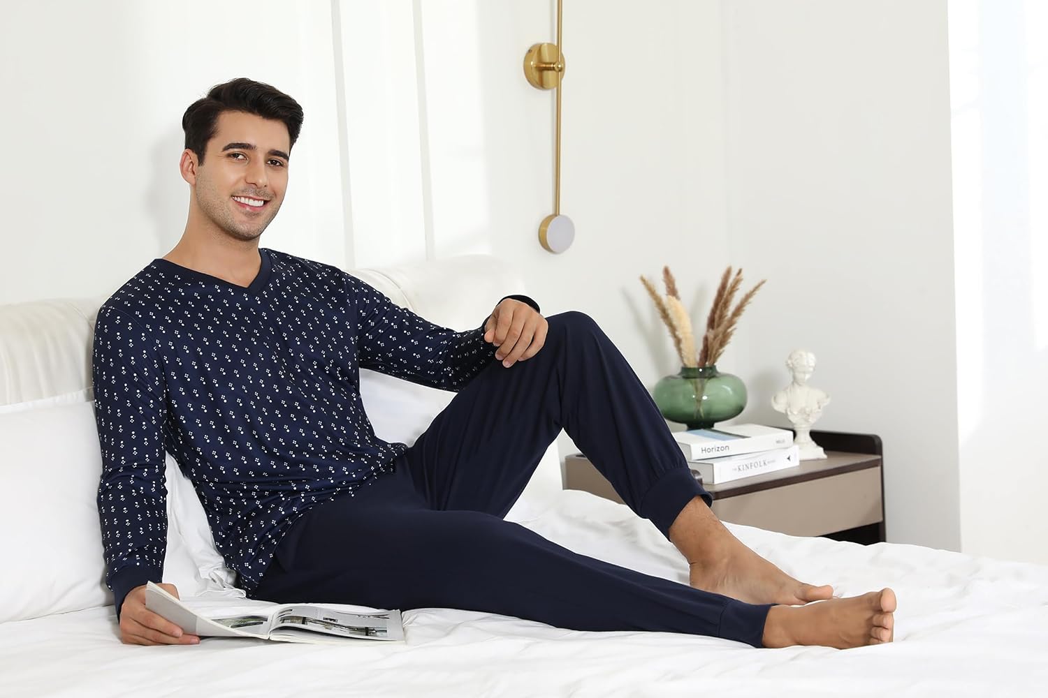 Thumbnail 2 de Bresdk Pyjama Homme Coton Hiver Chaud Rayures Bleues Marine