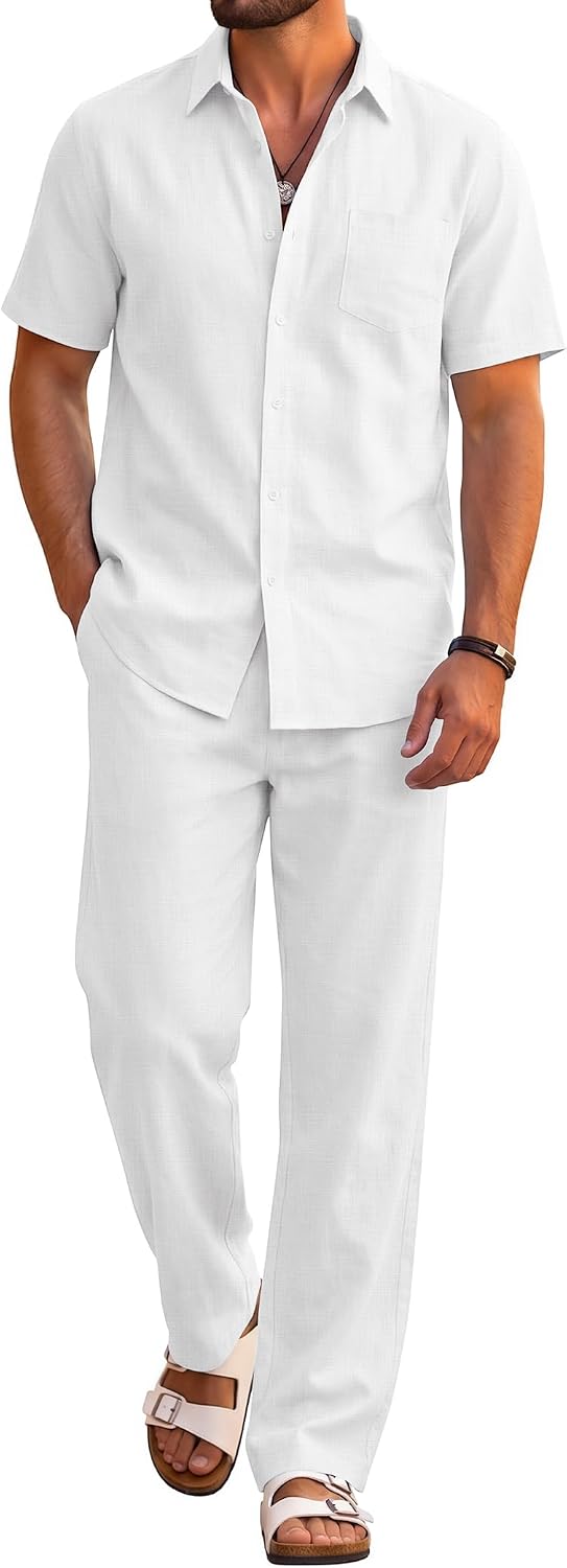 Detalle de COOFANDY Men's 2 Piece Cotton Beach Outfit: Short Sleeve Shirt + Loose Pants