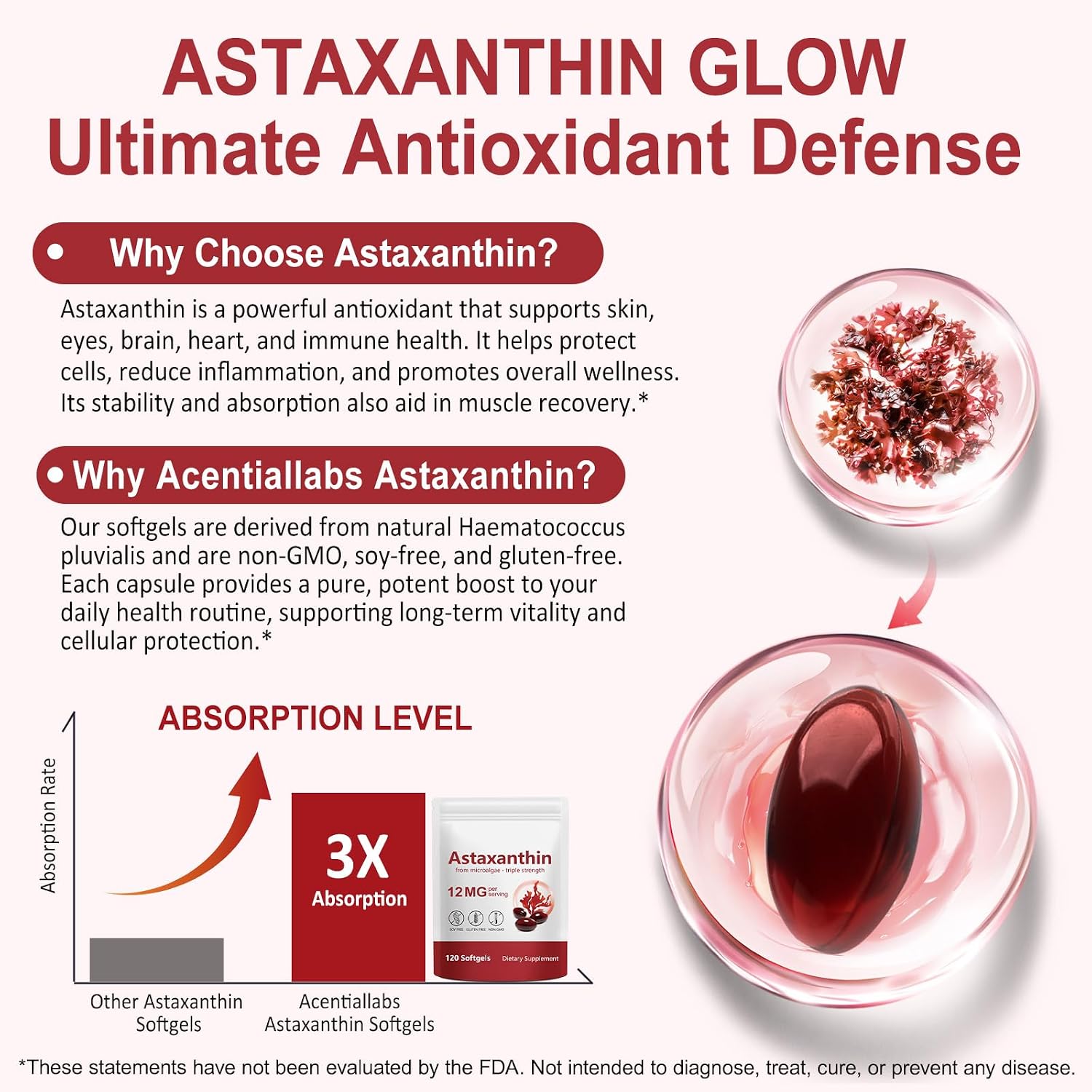 Detalle de Astaxanthin 12mg Ergänzungen – 120 Softgels aus Mikroalgen, Unterstützung für Haut, Augen, Gelenke und mehr