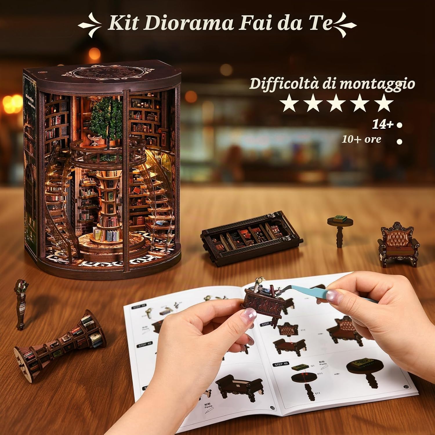 Thumbnail 2 de Wooden Booknook DIY 3D con Luce LED: Fermalibri in Legno con Copertura Antipolvere