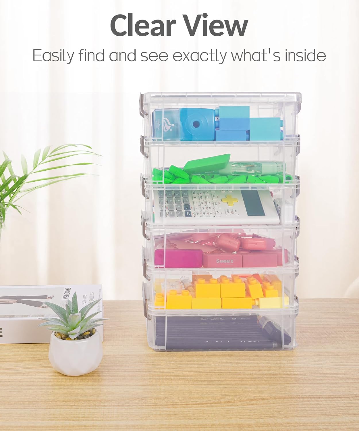 Detalle 1 de Sooez 6-Pack Extra-Large Pencil Boxes, Stackable Clear Plastic Cases