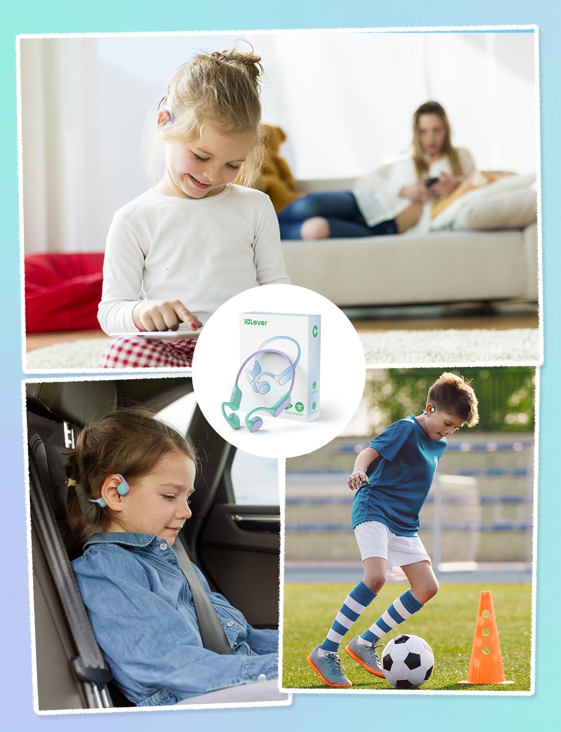 Thumbnail 5 de iClever Kids Wireless Open-Ear Headphones (Bluetooth 5.4) with 74/85dBA Safe Volume Limit, Purple Green