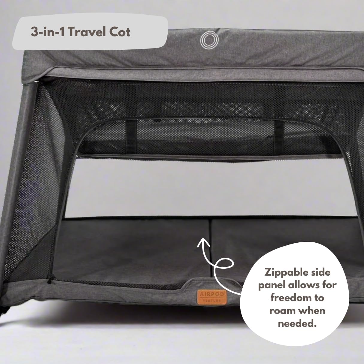 Thumbnail 3 de Venture Airpod Travel Cot – Lightweight Foldable Baby Cot with Newborn Insert, Mattress, and Playpen Function (Dark Grey)
