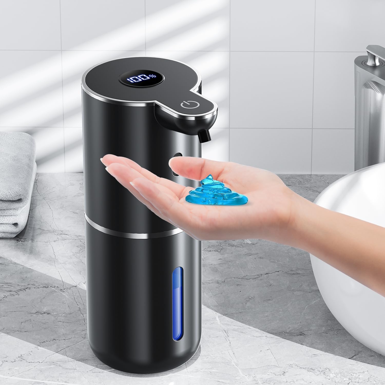 Detalle de Automatischer Seifenspender mit digitaler Anzeige, 380 ml – berührungslos, USB-wiederaufladbar, IPX5