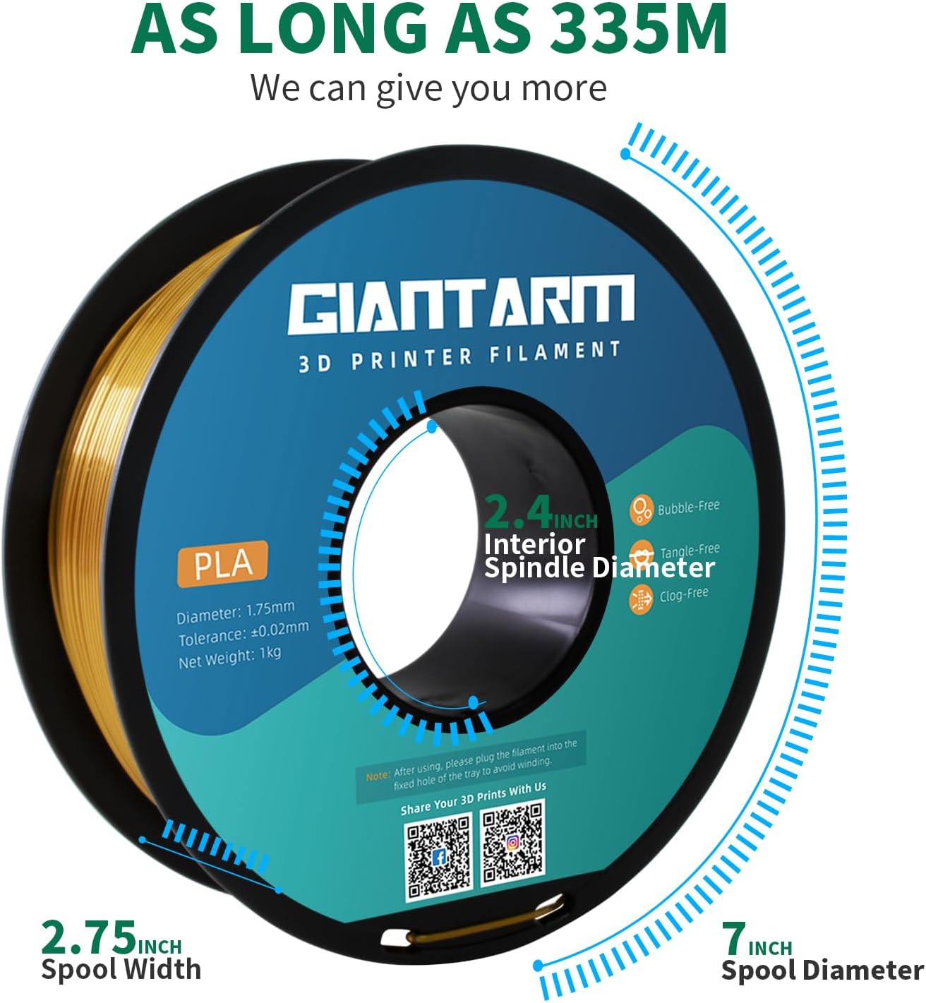 Detalle 1 de GIANTARM PLA-filament 1,75 mm, 1 kg – silkesguld med glänsande finish