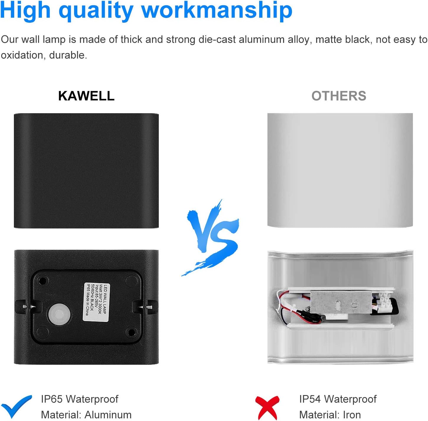 Detalle de KAWELL 6W LED-Wandleuchte (Up & Down) in Aluminium, IP65, 6000K – Schwarz
