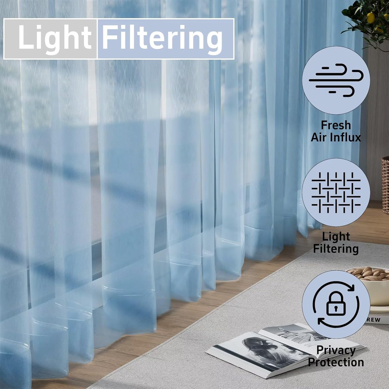 Detalle 2 de Pacok Blue Voile Curtains, 108 Drop Net Curtain for Windows