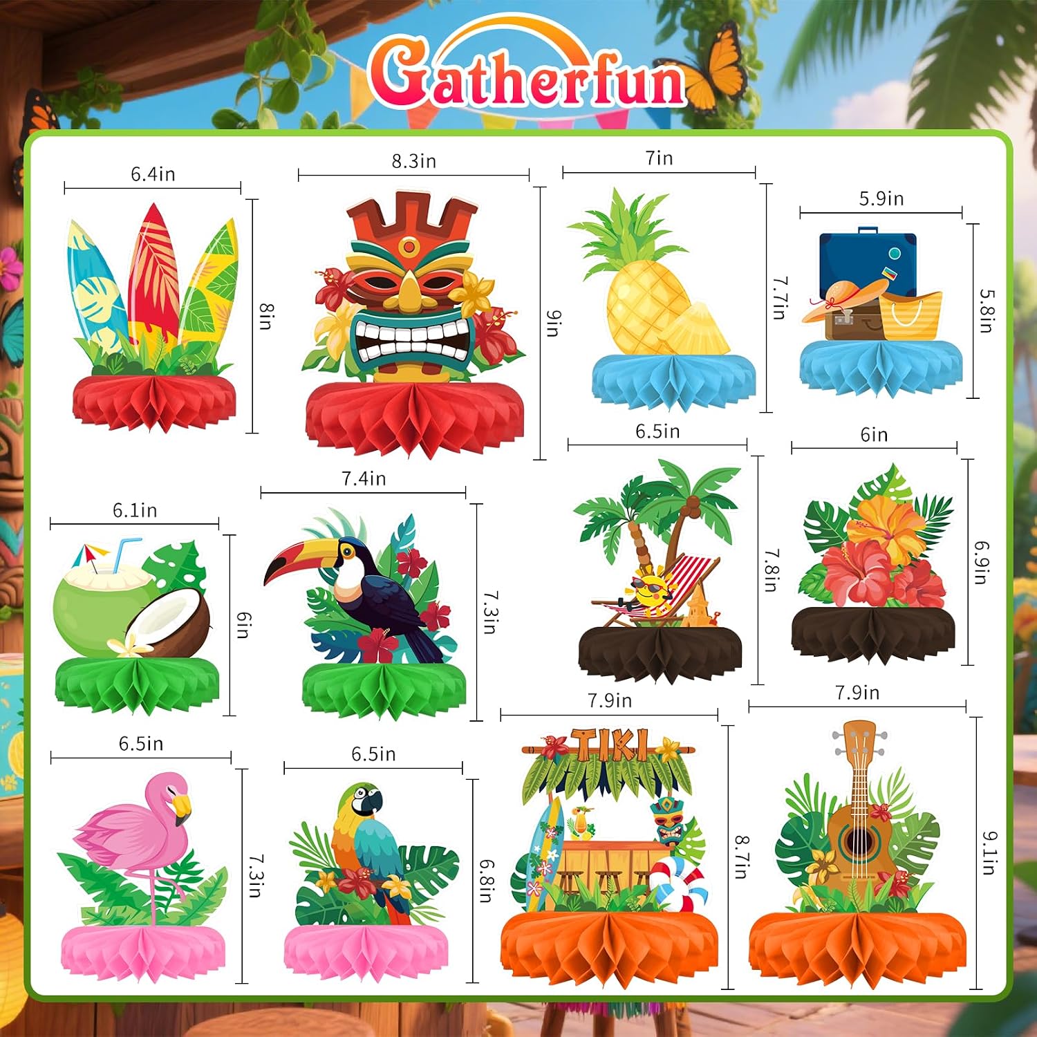 Thumbnail 1 de Hawaiian Luau Party Decorations Set: Aloha Theme Honeycomb Centerpieces for Tiki and Luau Parties