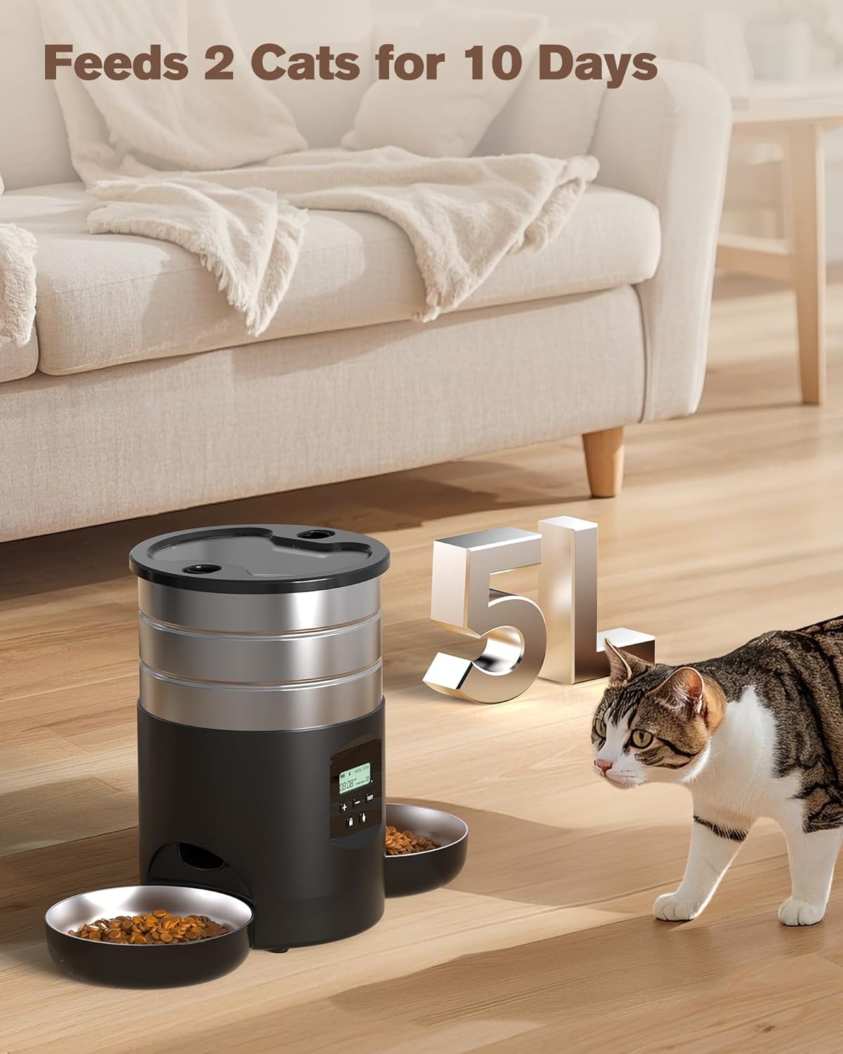 Detalle 2 de Futterautomat Edelstahl 5L mit 2 Näpfen für Katzen 🐱
