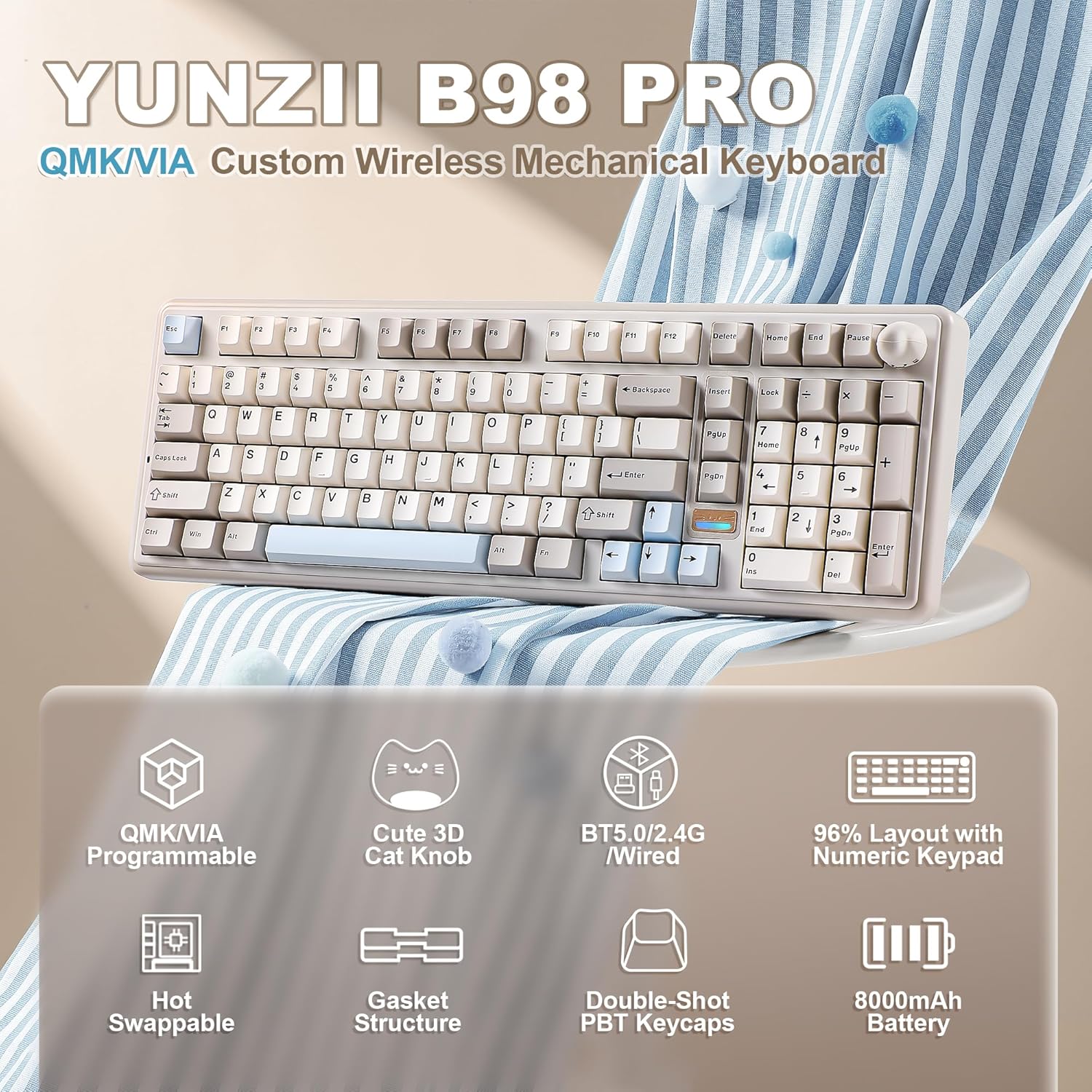 Thumbnail 1 de YUNZII B98 Pro QMK/VIA Wireless Mechanical Gaming Keyboard (96% layout, cat knob, BT/2.4G/USB-C)