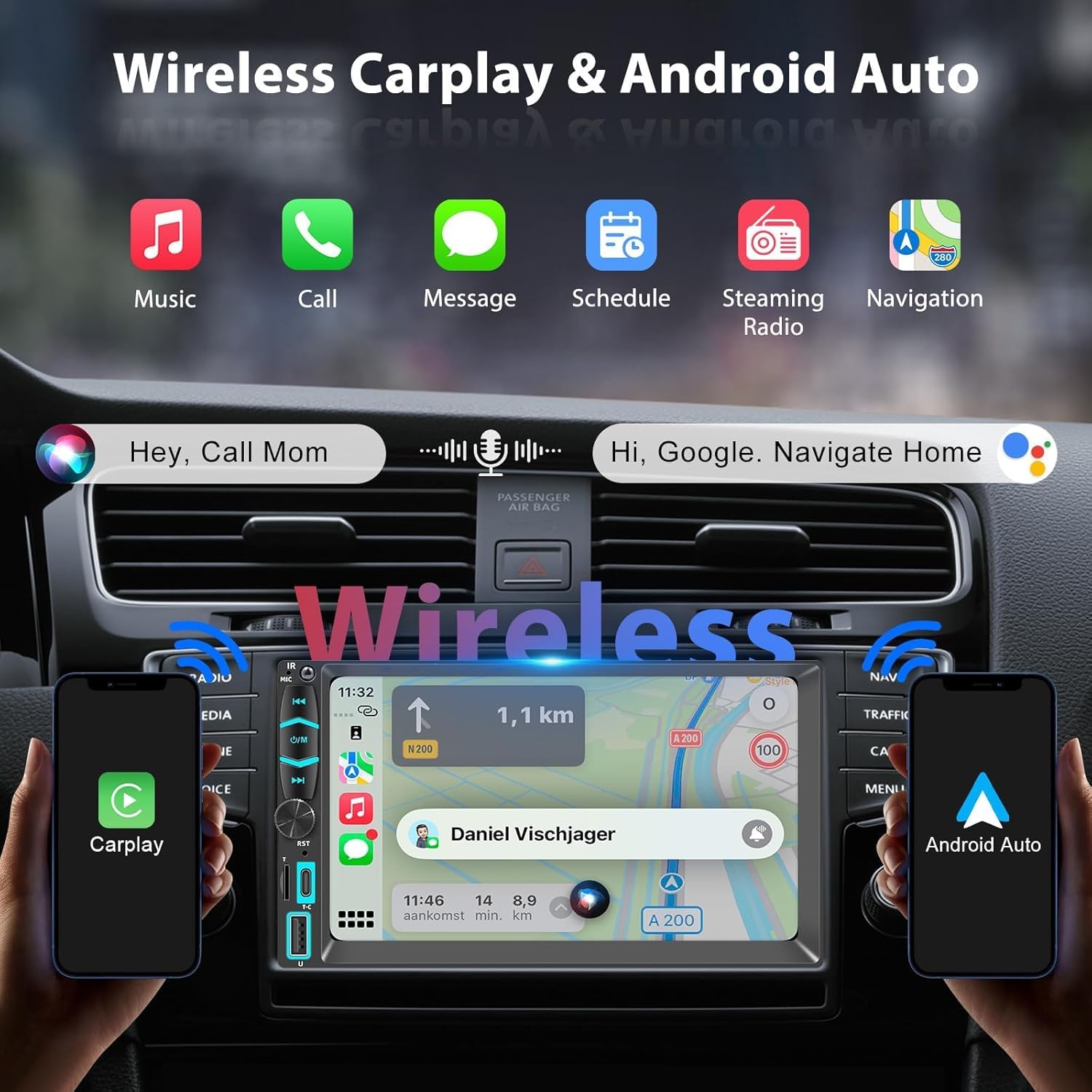 Detalle de Autoradio 2 DIN Bluetooth con CarPlay Wireless & Android Auto Wireless 7'' Touchscreen