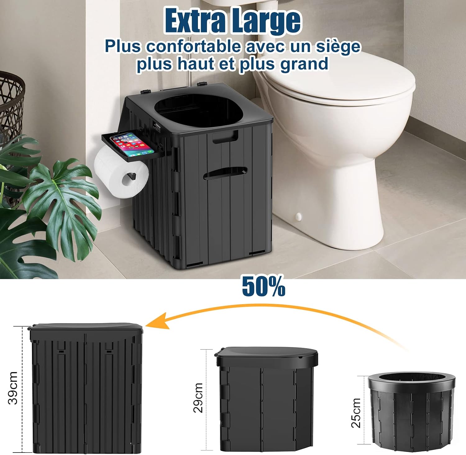 Thumbnail 6 de WADEO OD0558-P opvouwbaar campingtoilet van ABS met telefoonhouder