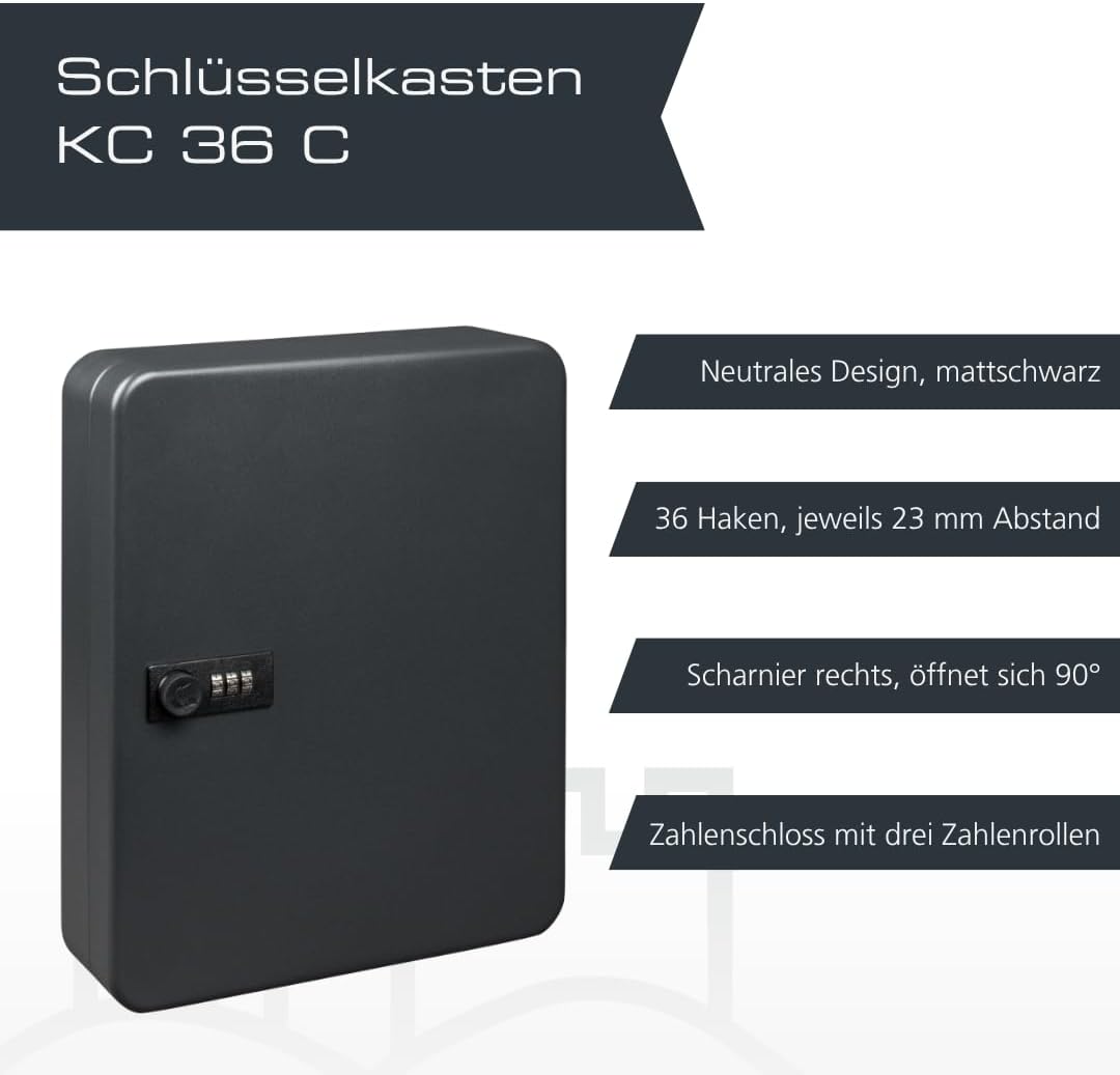 Detalle de Burg-Wächter KC 36 C Schlüsselbox abschließbar mit Zahlencode – 36 Haken, Stahlblech, Mattschwarz