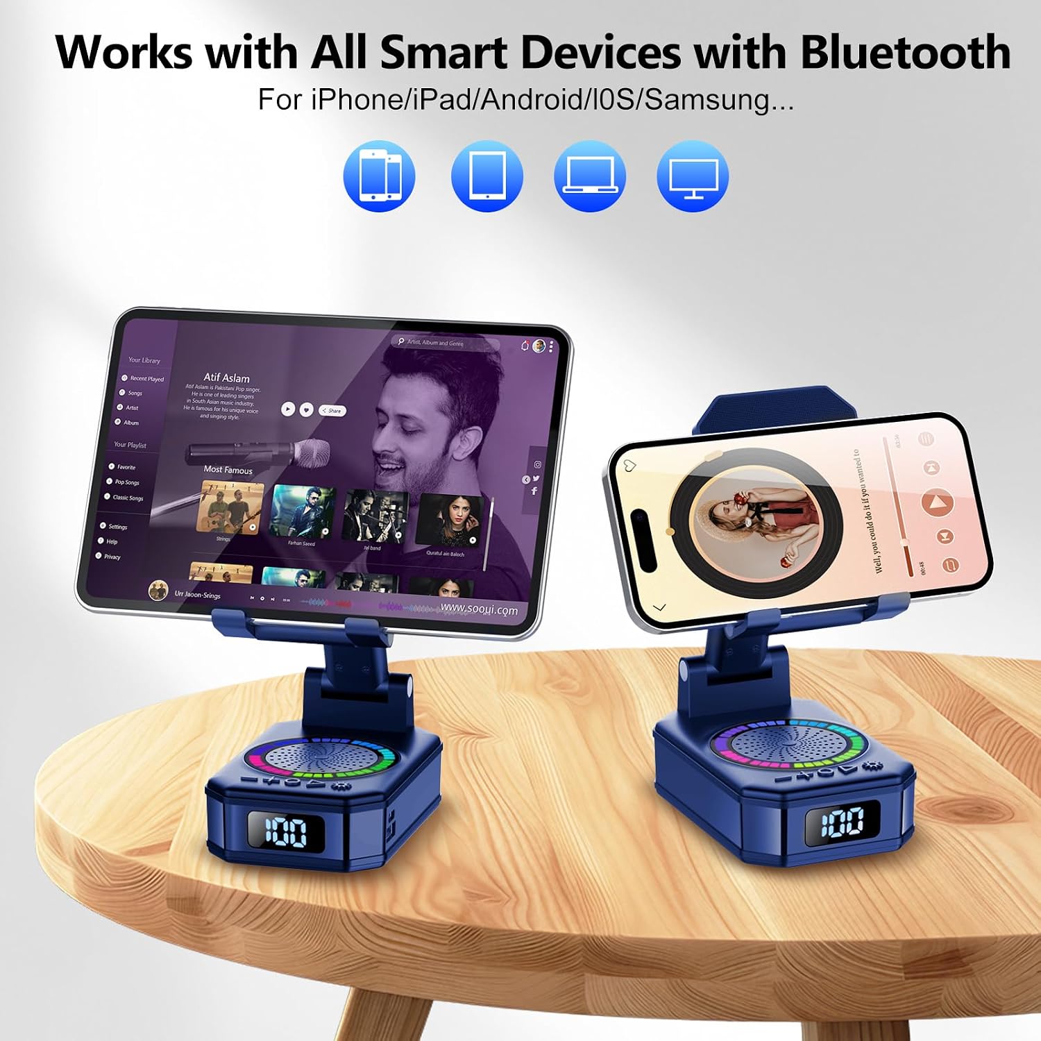 Detalle 2 de buwy CP8 4-in-1 Bluetooth Speaker and Phone Stand, Blue, 7 RGB Modes