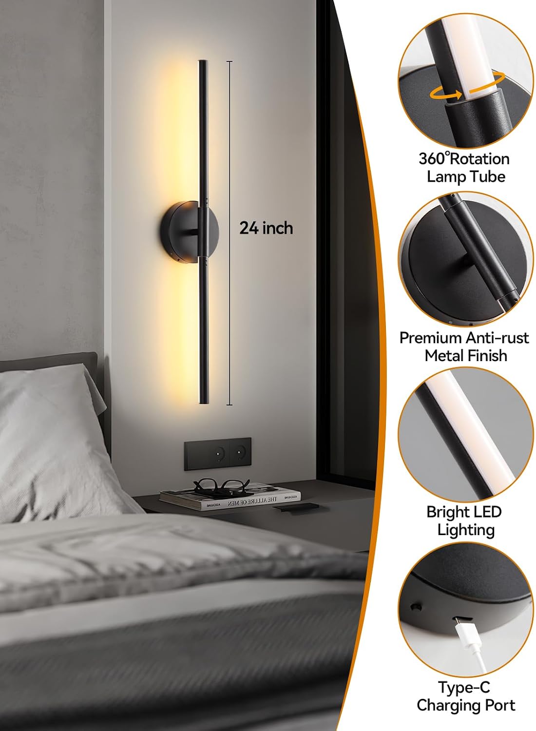 Thumbnail 6 de Easesonic HYD-0501501A Rechargeable Wall Sconces, 24-Inch Black, Set of 2