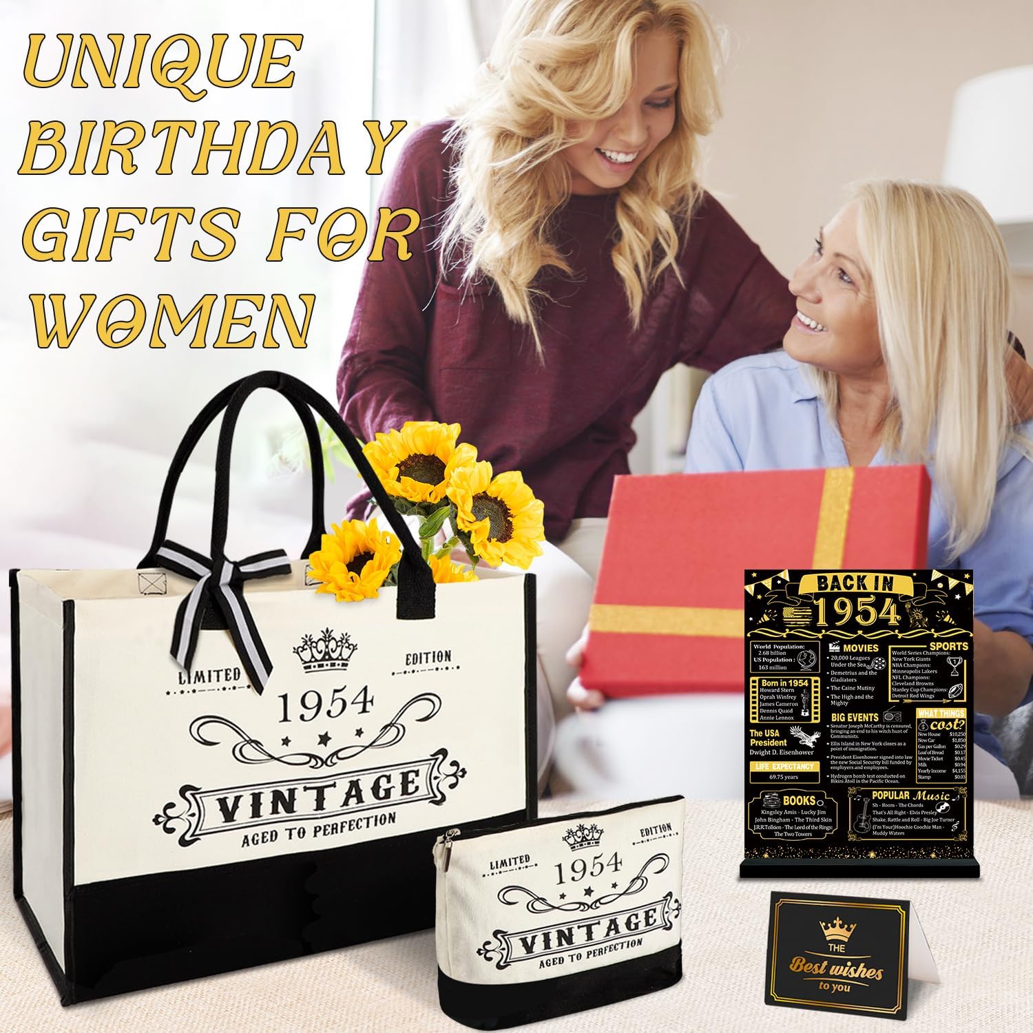 Thumbnail 2 de YeohJoy 72nd Birthday Canvas Tote Bag Gift Set (1954 Tote + Cosmetic Bag + “Back in 1954” Poster)