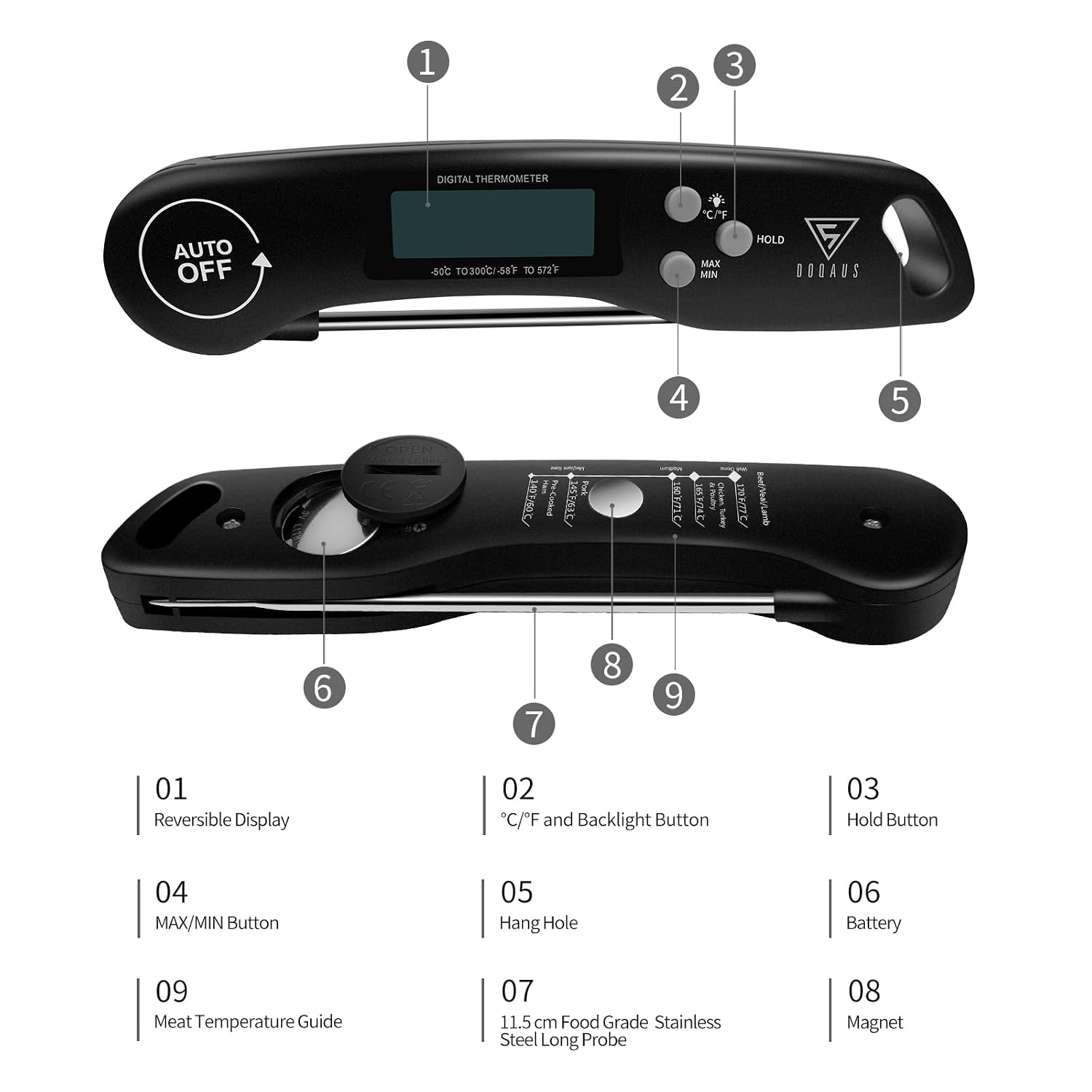Thumbnail 6 de DOQAUS Digital Meat Thermometer, Instant-Read with Backlit Rotating Display
