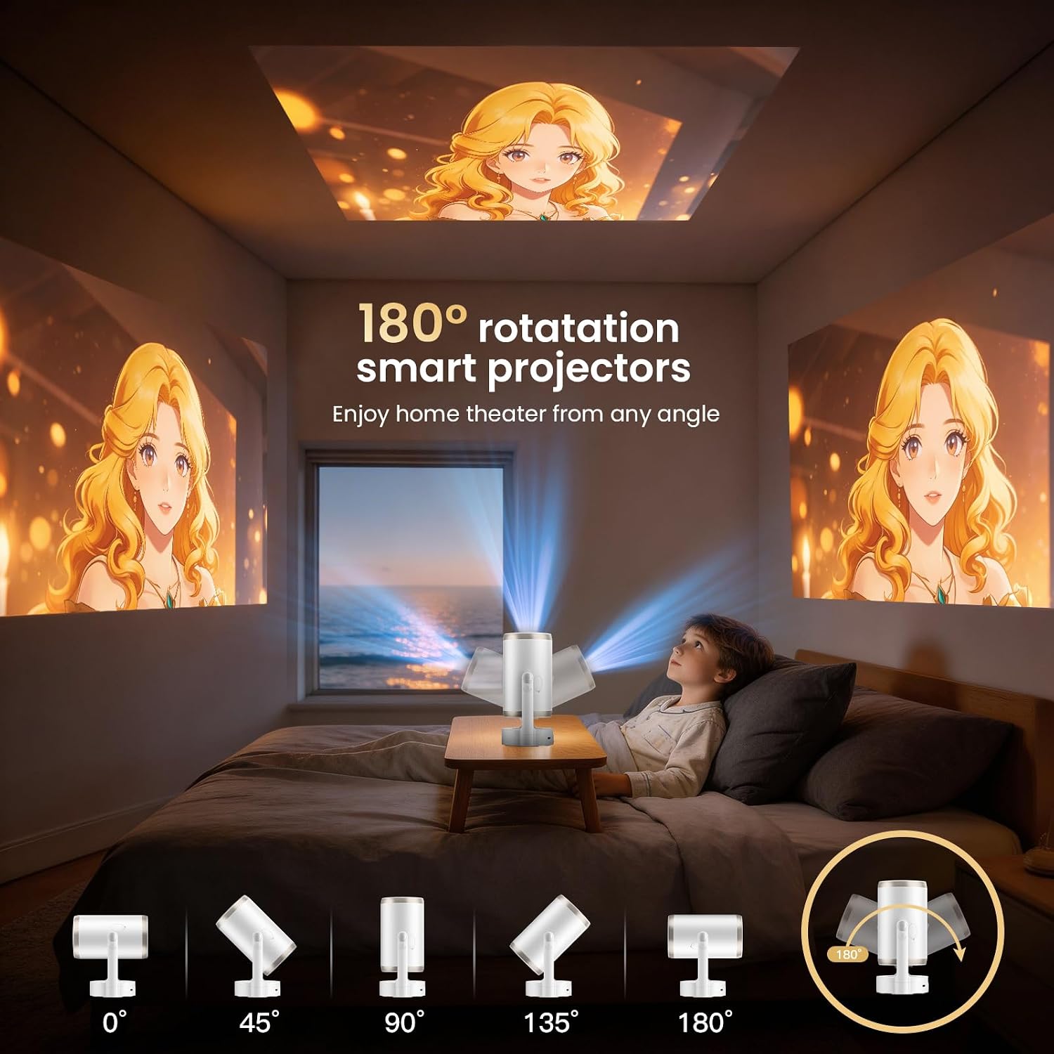 Thumbnail 4 de Mini Projector HD 1080P with 4K Support, Auto Focus, 180° Rotatable, 22000 Lumen (260 ANSI), WiFi 6 & Bluetooth 5.4 — Android 12.0, 30–200" Theatres for Match Gaming, Bedroom and Outdoor