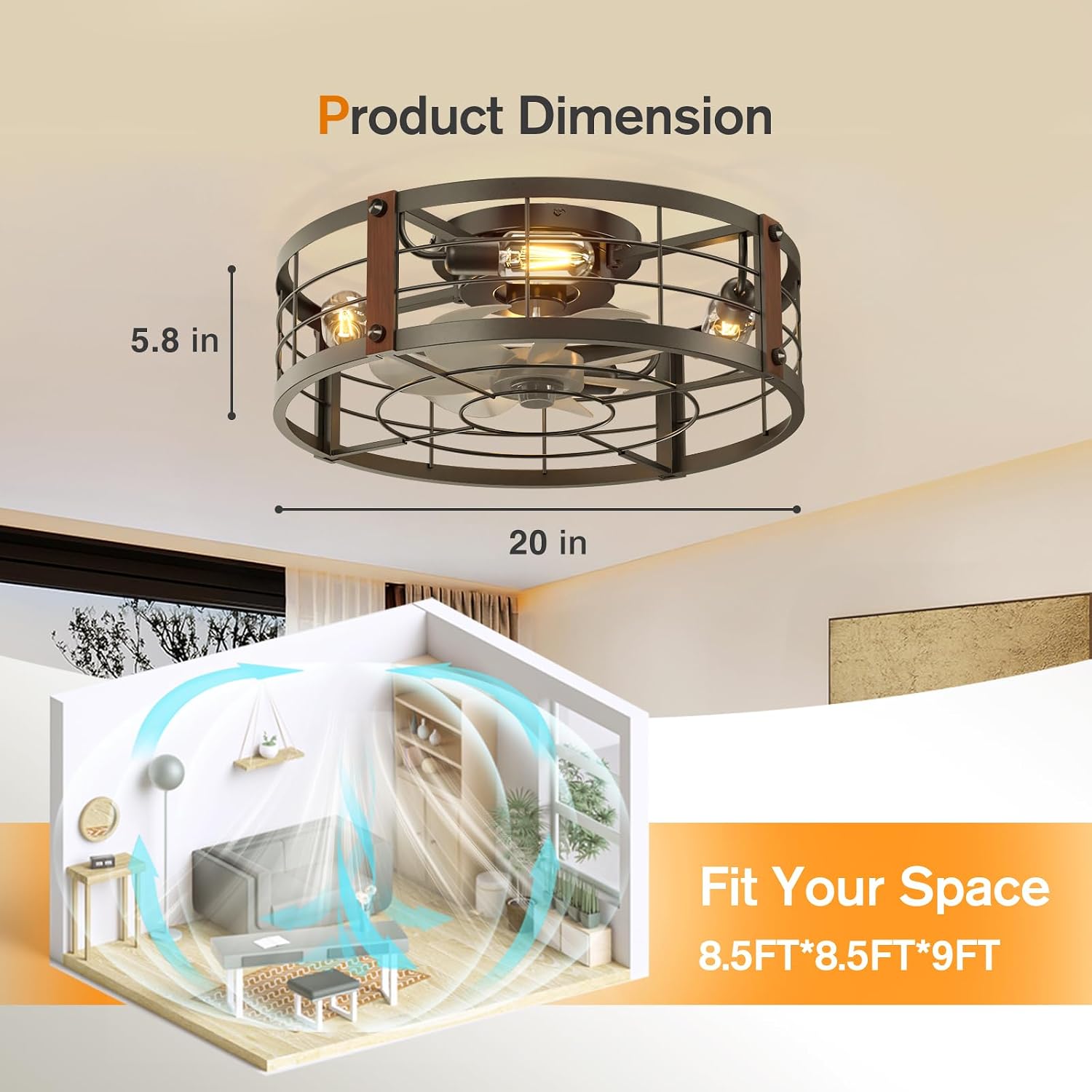 Thumbnail 6 de addlon NFM0201031 20-Inch Farmhouse Ceiling Fan with Light, Remote and Black Cage