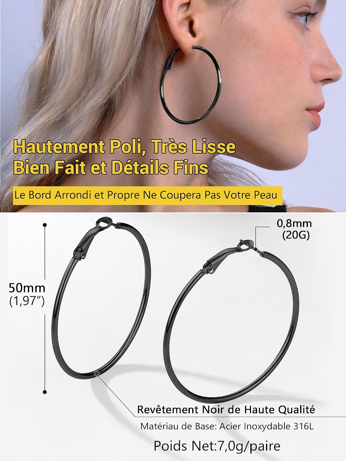 Thumbnail 5 de PROSTEEL créoles femme en acier inoxydable 316L et plaqué or, grands anneaux (50 mm et autres diamètres)