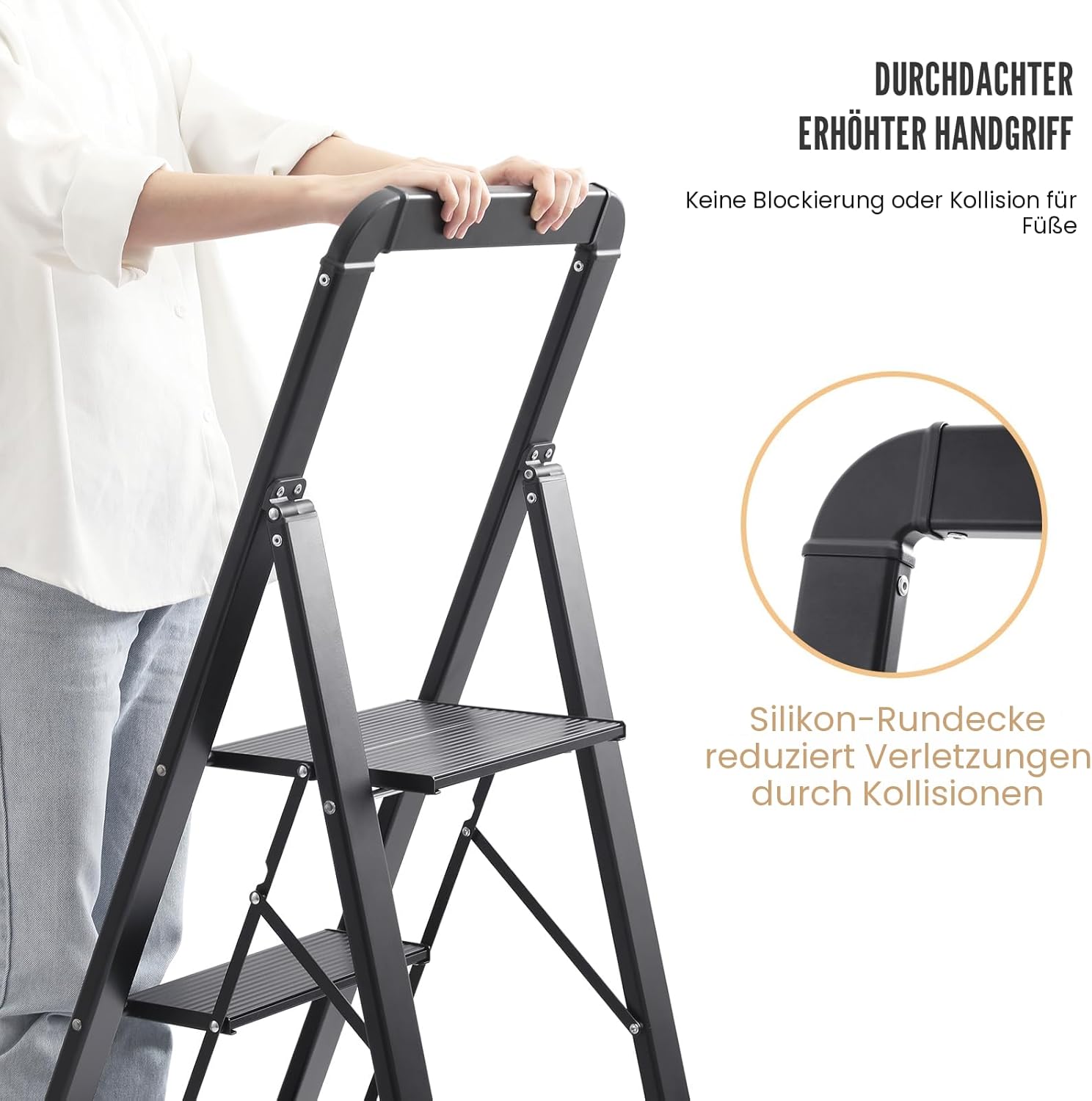 Detalle de KINGRACK Aluminium-Leiter 4 Stufen, klappbar mit Handlauf – belastbar bis 150 kg