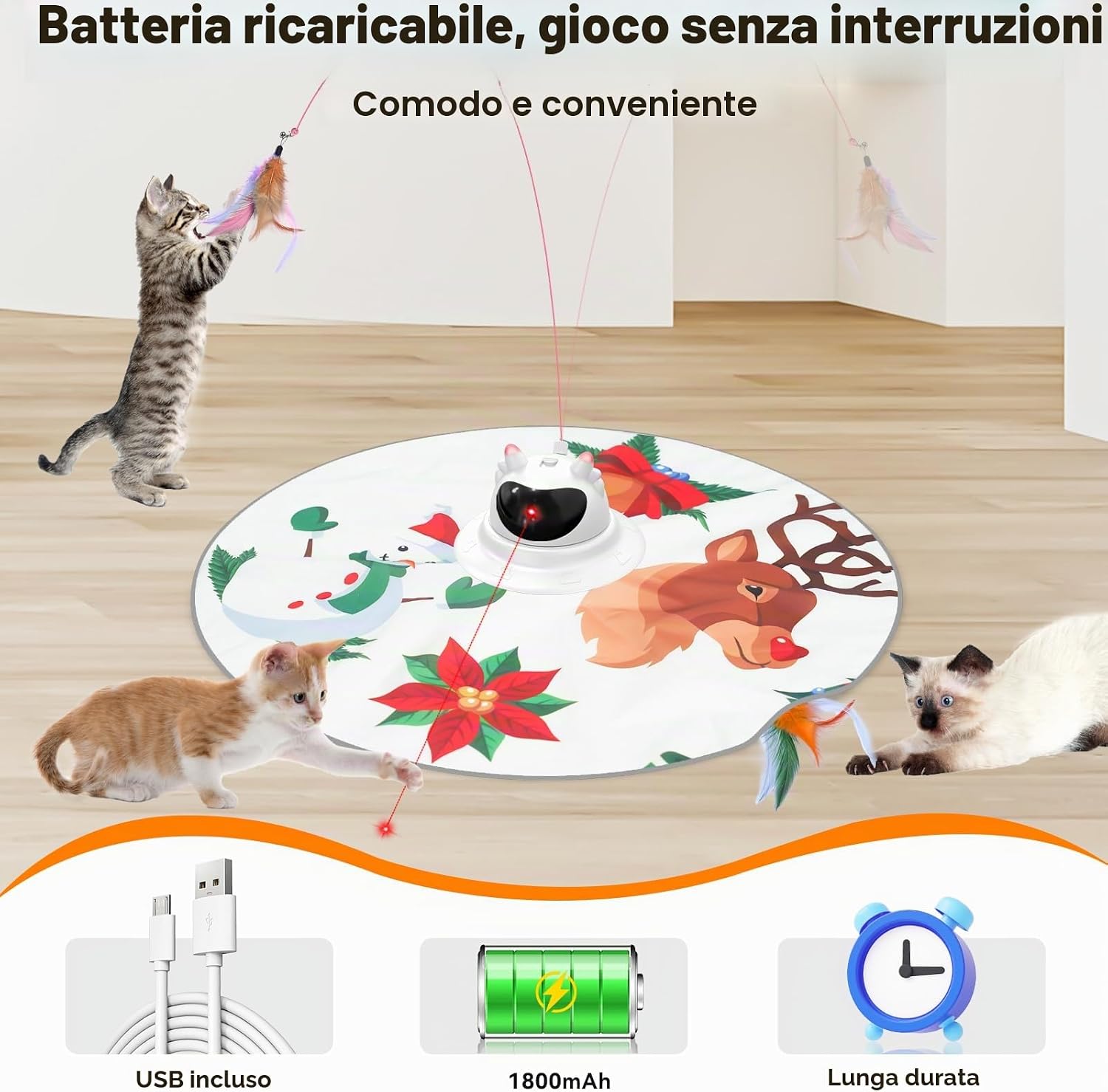 Thumbnail 5 de Spessn Giocattolo Interattivo per Gatti 3 in 1: gioco automatico con piume, punto rosso regolabile e tappetino di gioco