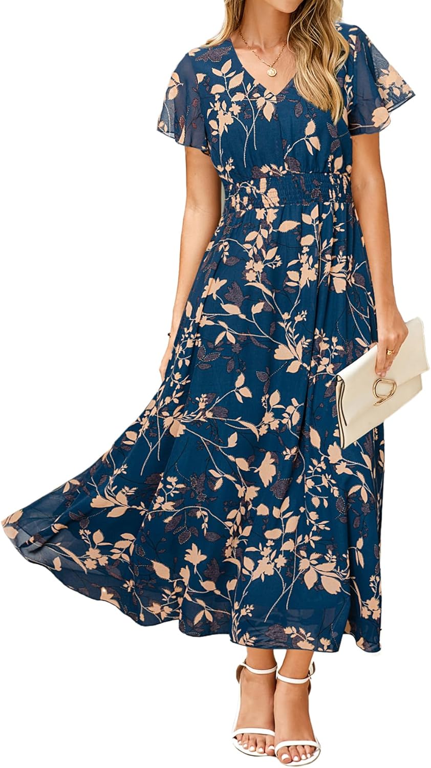 Detalle de Simplee Women's Floral Maxi Dress - Short Sleeve Boho Summer Wedding Guest Dress