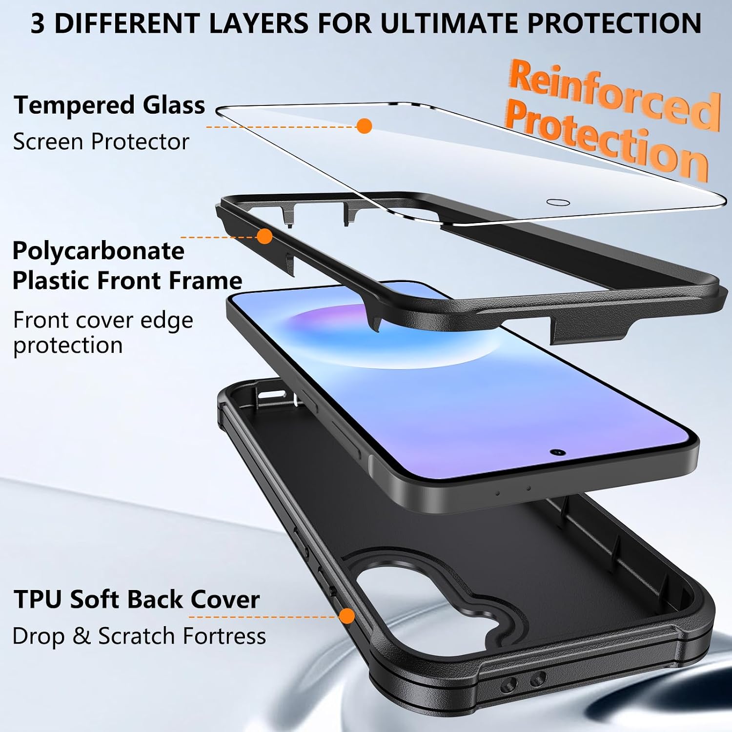 Detalle de Hensinple Galaxy A37 5G Case with Tempered Glass Screen Protector — Heavy-Duty Military Shockproof TPU Cover (Black)