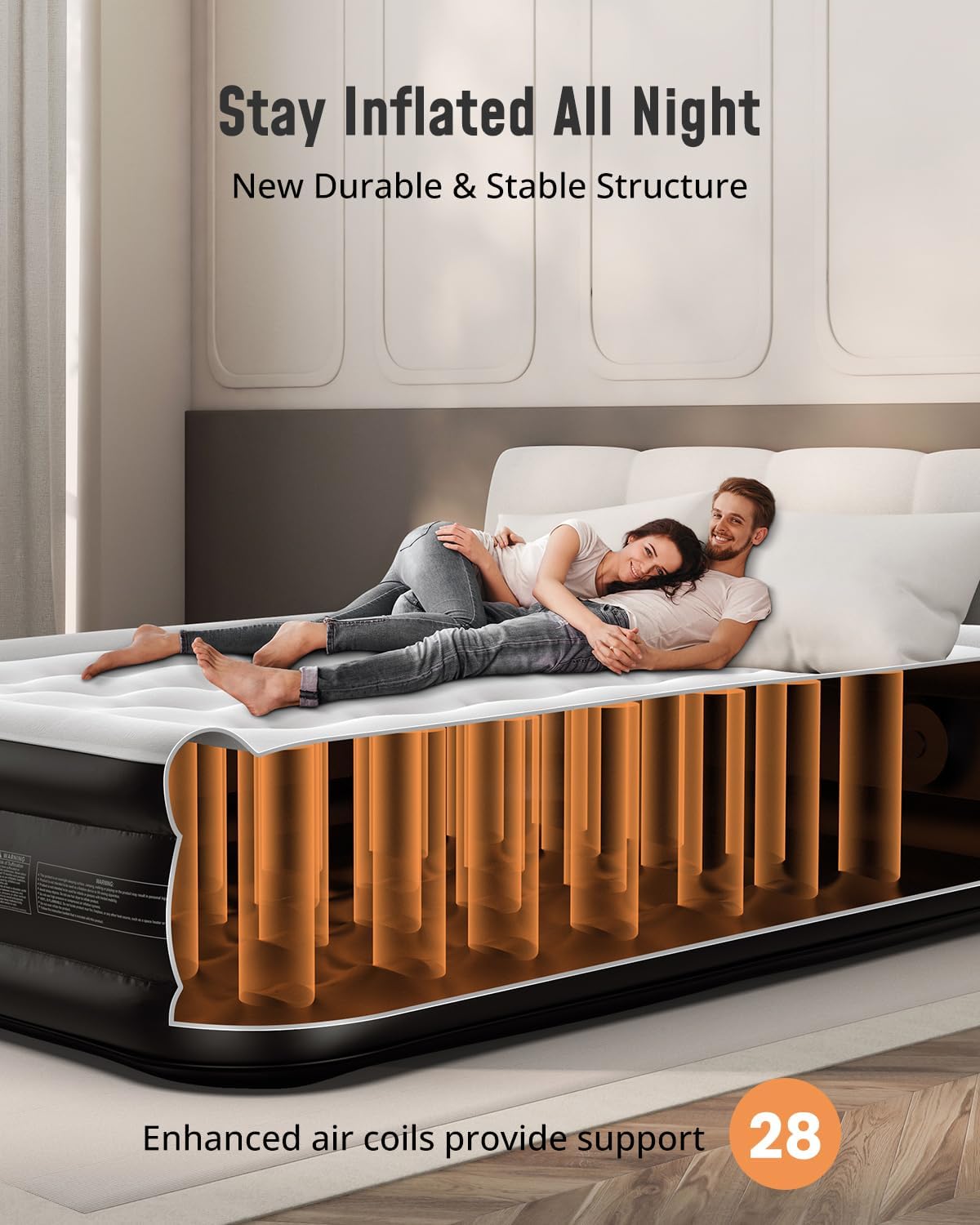 Detalle 1 de Airefina Double Air Mattress with Built-In Electric Pump, Flocked Top, 190×137×46cm