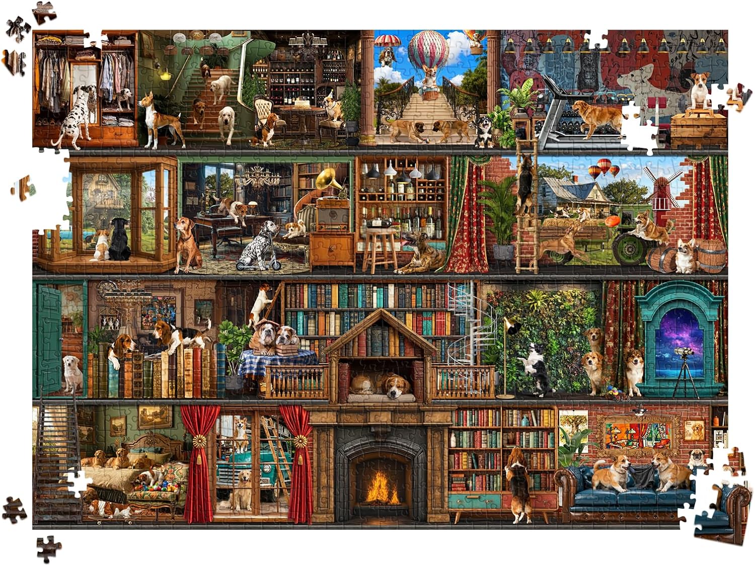 Detalle de HUADADA Puzzle 1000 Teile: Tiere‑Familieninteraktives Puzzle – Hundeleben Theater, 70 × 50 cm