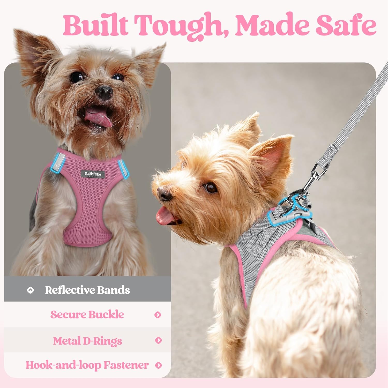 Thumbnail 6 de rabbitgoo Dog Harness & Leash Set (Small Dogs, M) – Step-in soft mesh with reflective strips in Pink & Gray