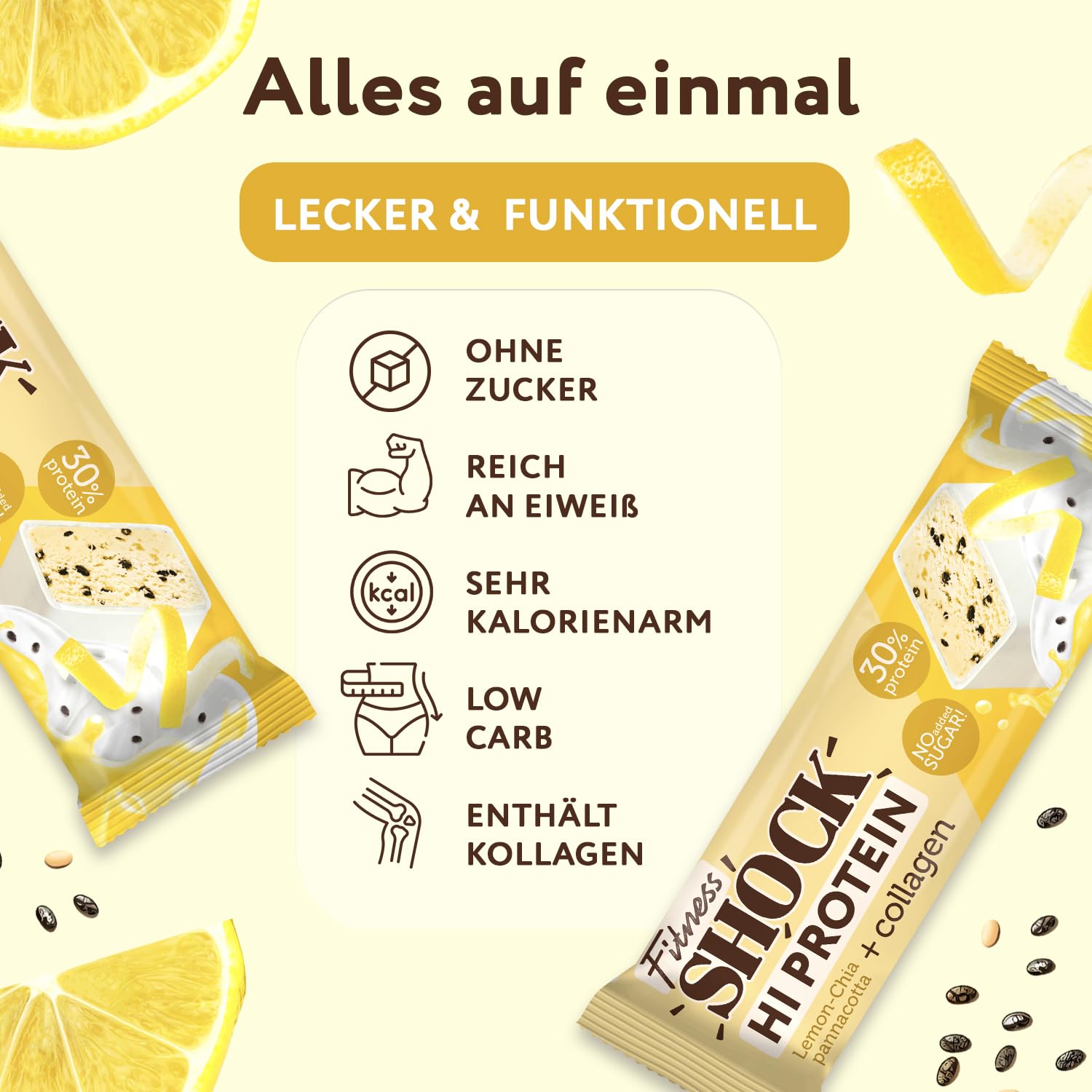 Thumbnail 4 de FitnesSHOCK Proteinriegel-Set mit 12 g Eiweiß pro Riegel (30 %) – Zitronen-Chia-Pannacotta, zuckerfrei, 12er-Pack