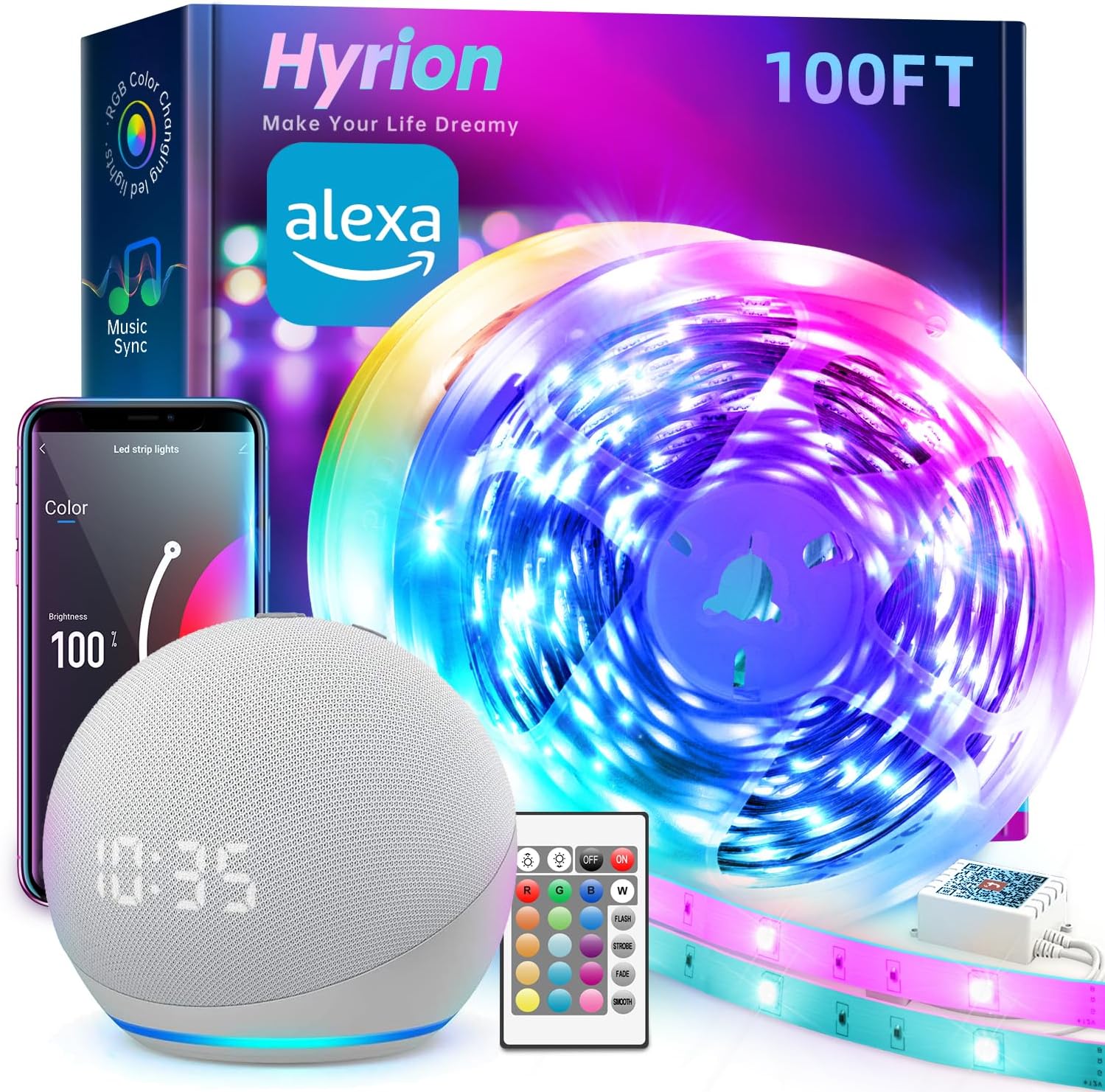 Detalle de hyrion H-215WLG305 Smart LED Strip Lights, 100 ft Wi-Fi RGB, 16 Million Colors
