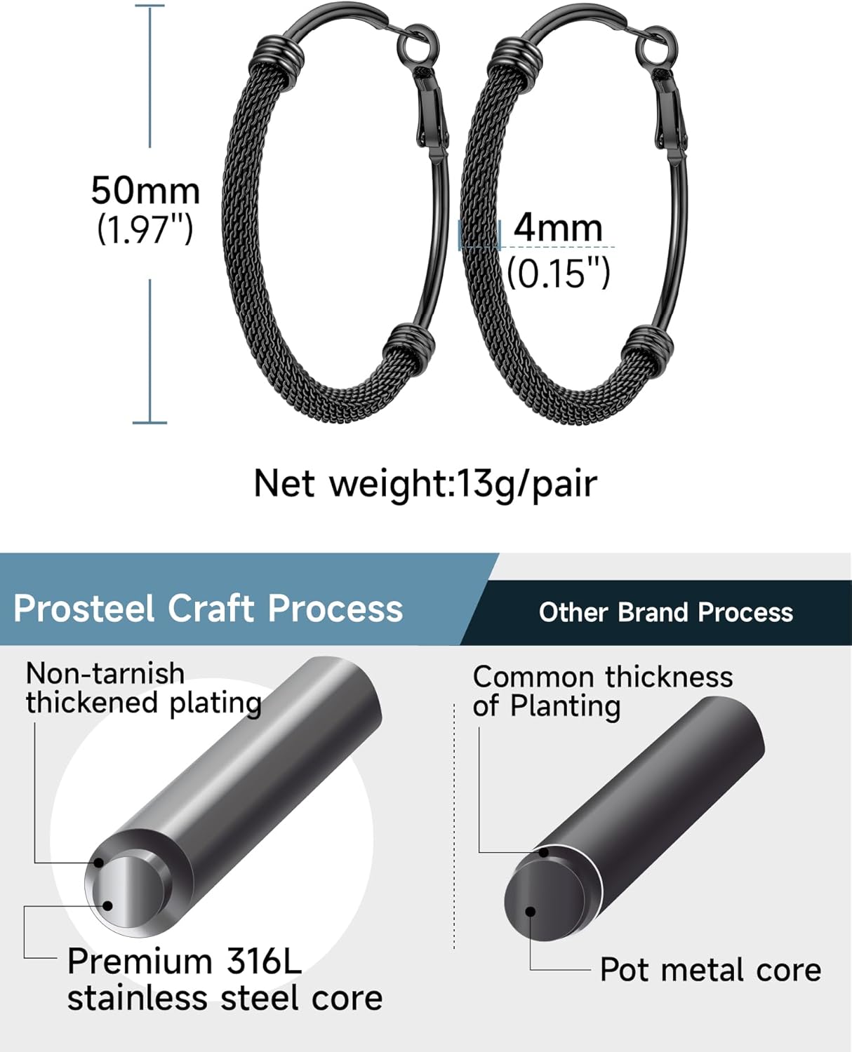 Thumbnail 3 de PROSTEEL créoles en acier inoxydable 316L pour femme – anneaux 20/30/40/50/60/70/80 mm en maille (plaqué or ou couleur noir)