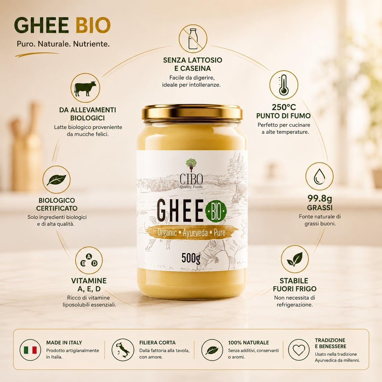 Detalle de Cibo Burro Ghee Biologico 500g: latte di Parma e Reggio Emilia, alta temperatura e digeribilità