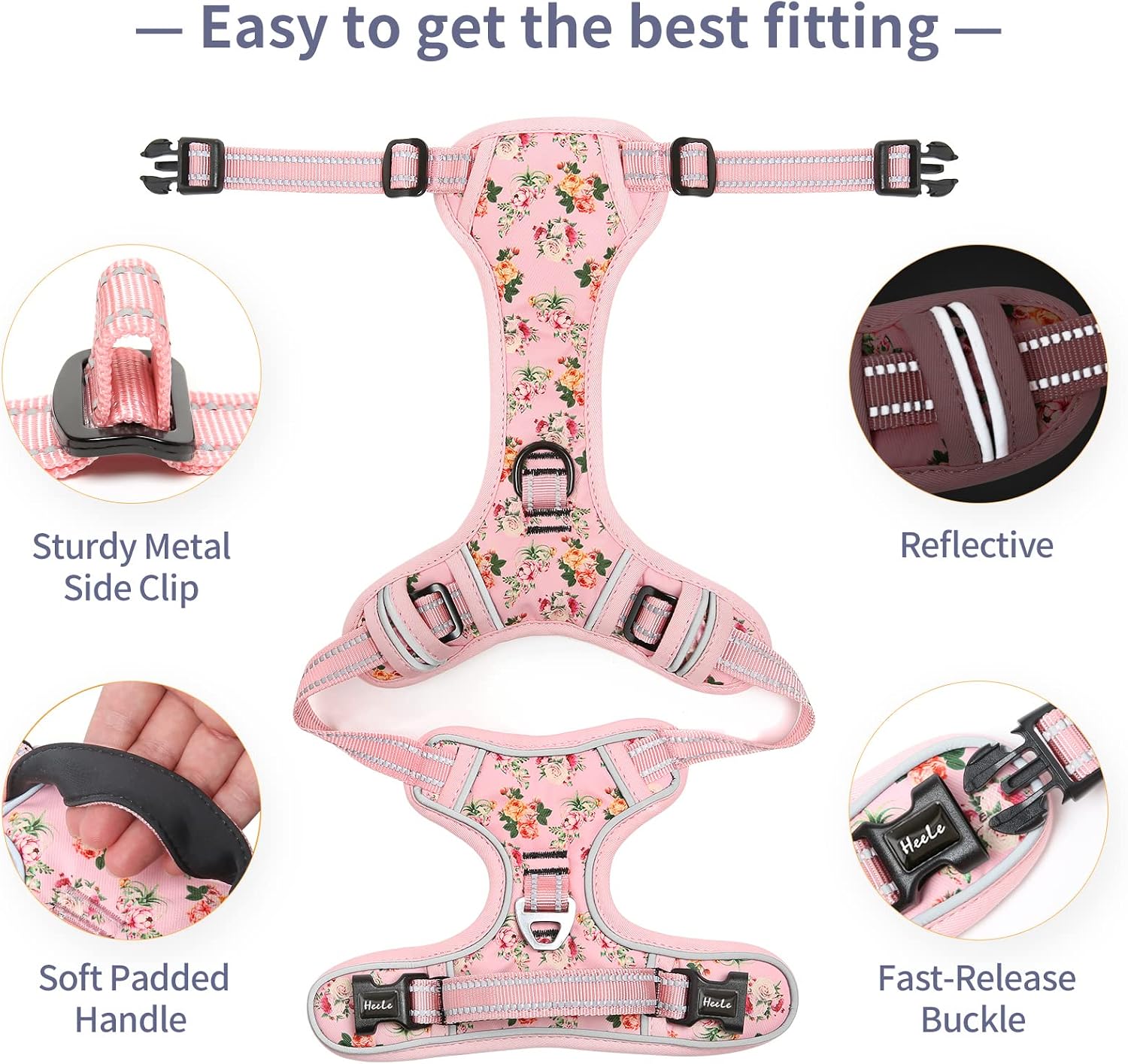 Detalle 2 de HEELE Dog Harness for Small Dogs (No Pull) with Reflective Strips, Soft Padded Handle – Flower-Pink, Size S