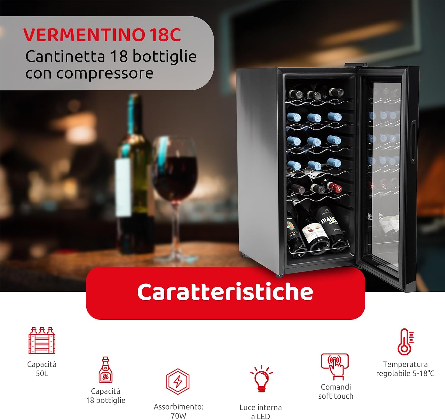 Detalle 2 de Melchioni Cantina Vino 18 Bottiglie Vermentino Nero: cantinetta per conservare il tuo vino con stile