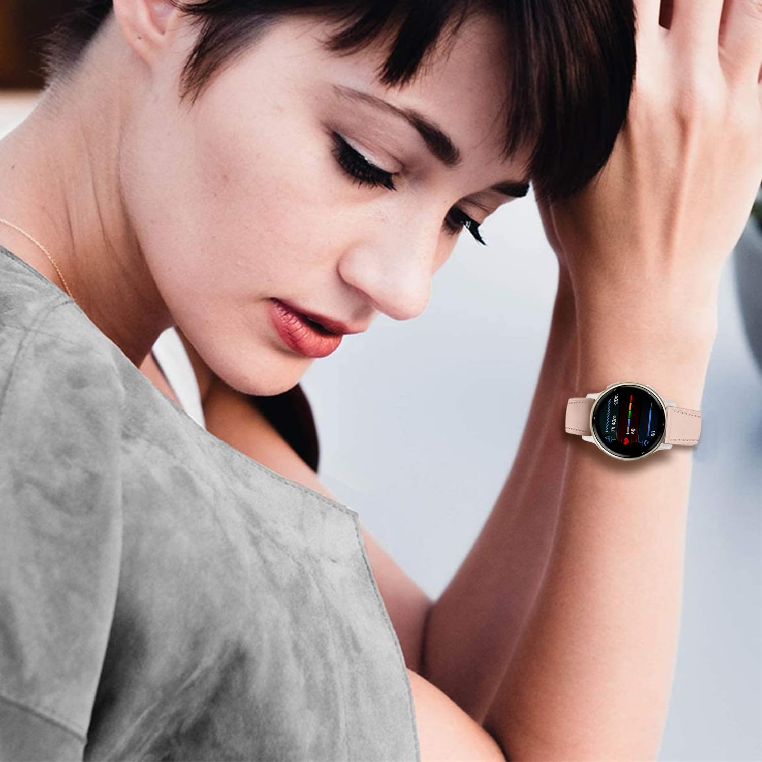 Detalle de Bracelet cuir 20 mm compatible Garmin Vivoactive 5/6, Venu 2 Plus, Venu Sq 2 et Vívomove 3 44 mm