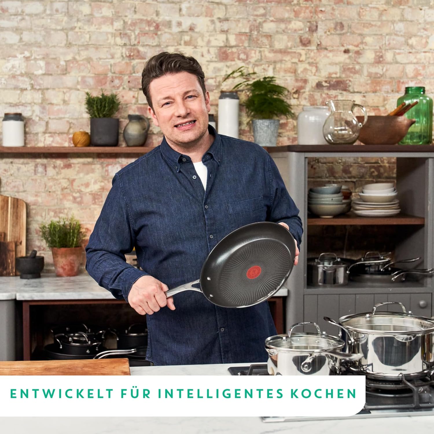 Detalle de Tefal Jamie Oliver Cook's Direct On Wokpfanne 28 cm – Titan-Antihaft, Thermo-Signal, Induktion