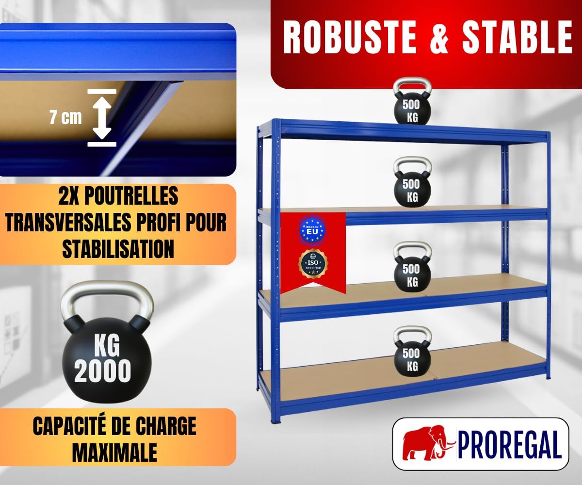 Detalle de PROREGAL Étagère Charge Lourde Dino 180x200x60 cm – Rayonnage robuste en acier et MDF, 500 kg par niveau