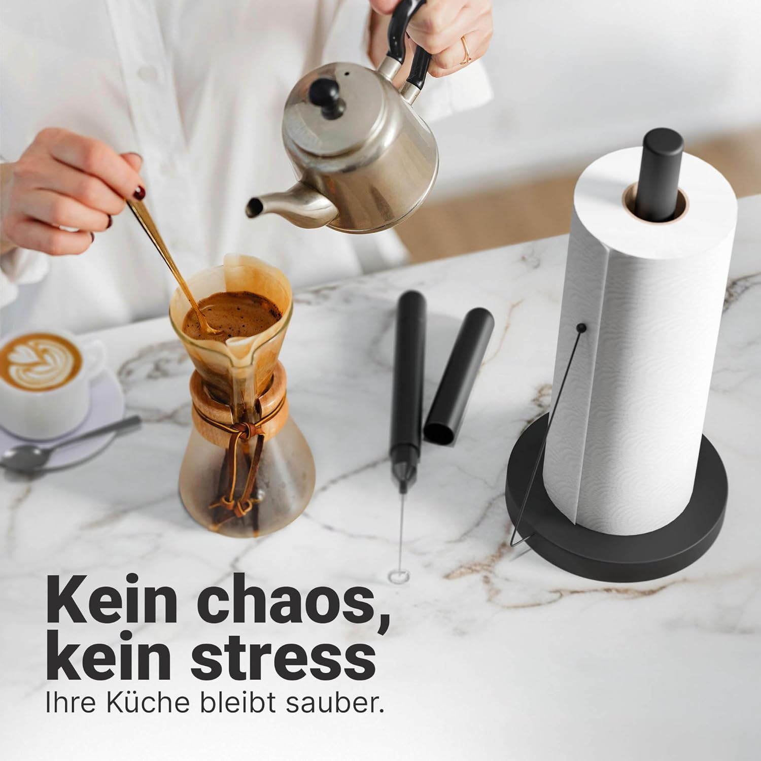 Detalle de Minismus Küchenrollenhalter Stehend – Anti-Roll Arm, stabiler Stand, ohne Bohren (Schwarz)