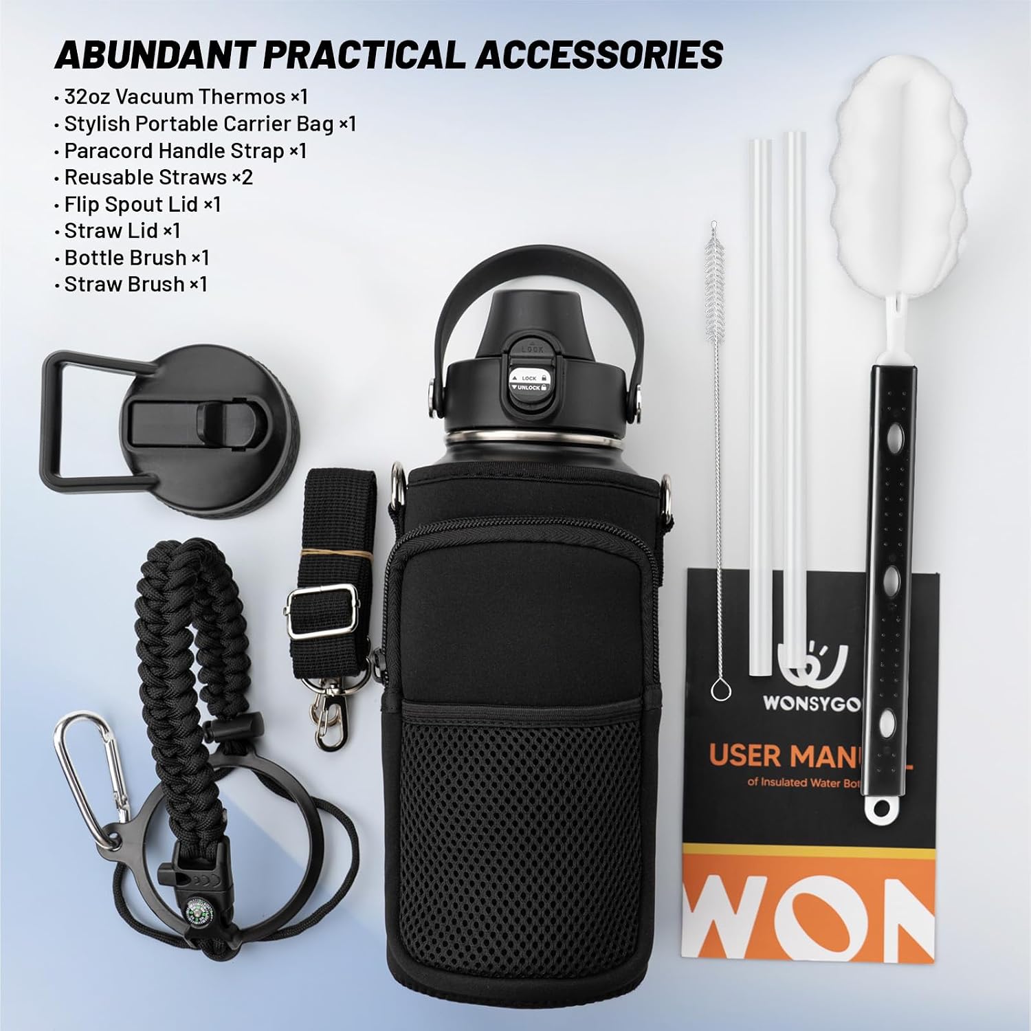 Thumbnail 2 de WONSYGO 32-BK01 Insulated Stainless Steel Water Bottle, 32 oz, with Carrier Bag